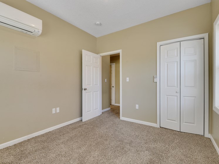 Carpeted bedroom with large closet
