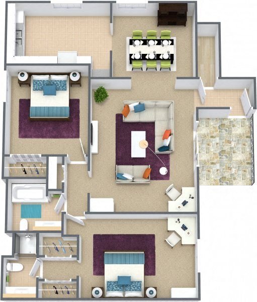 Three dimensional floor plan of a two bedroom