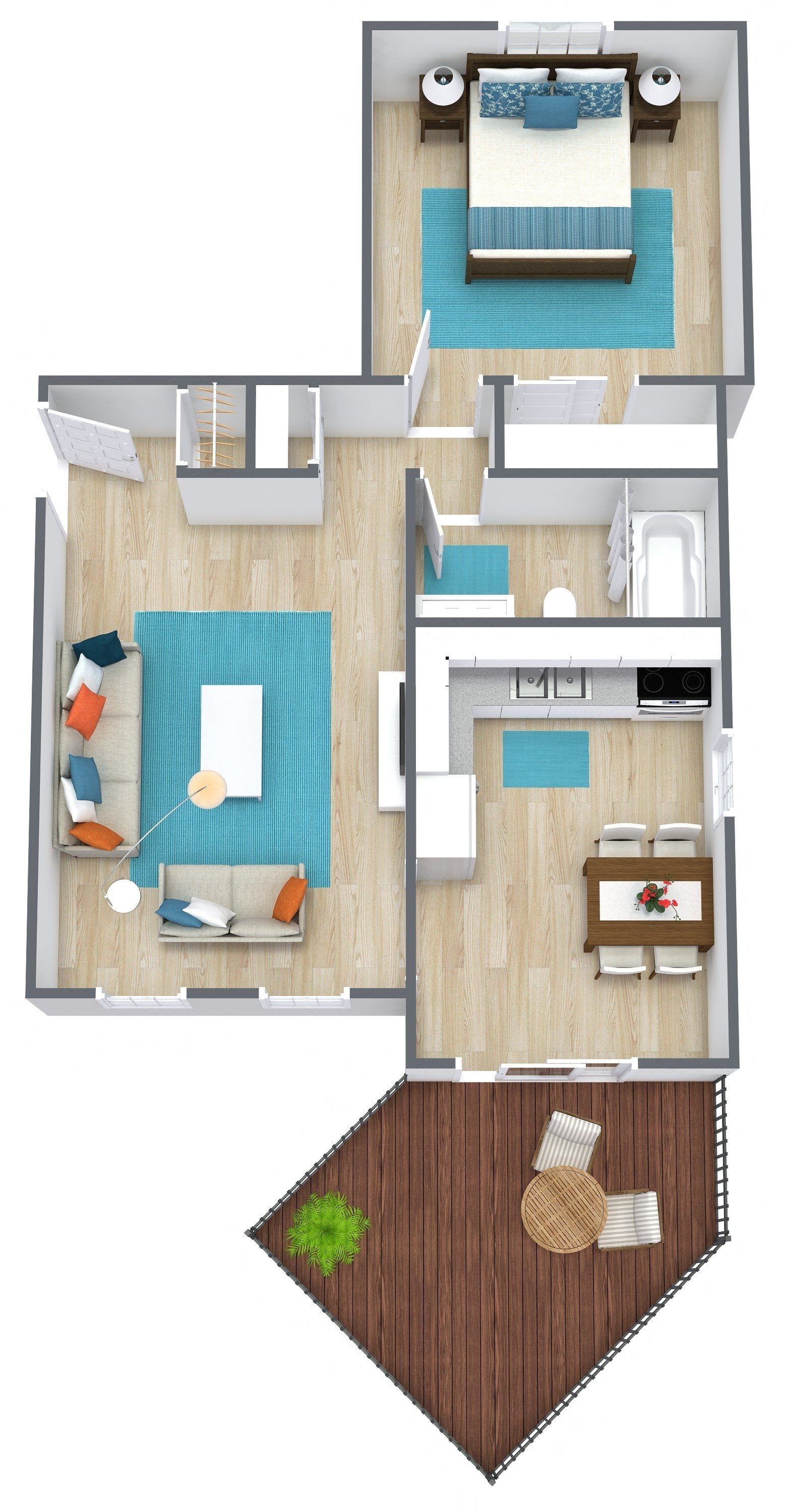 3d rendering of a one bedroom floor plan