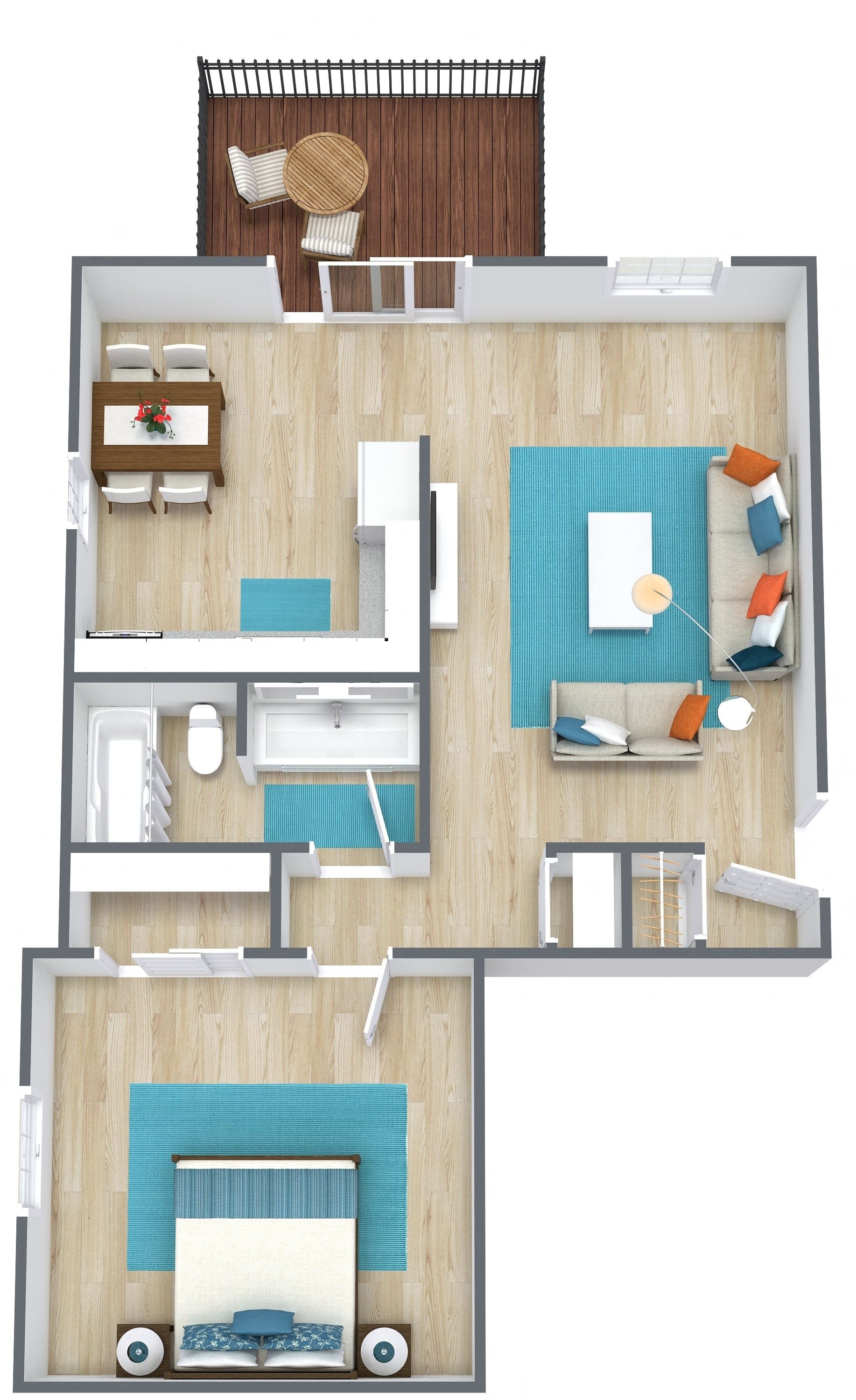 3d rendering of a one bedroom floor plan