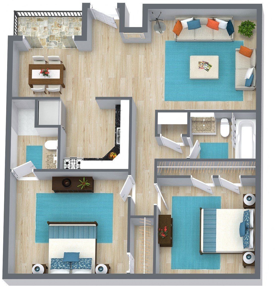 two bedroom floor plan with furniture two bedroom floor plan with furniture at Residences at Lakeshore, Oklahoma City, OK