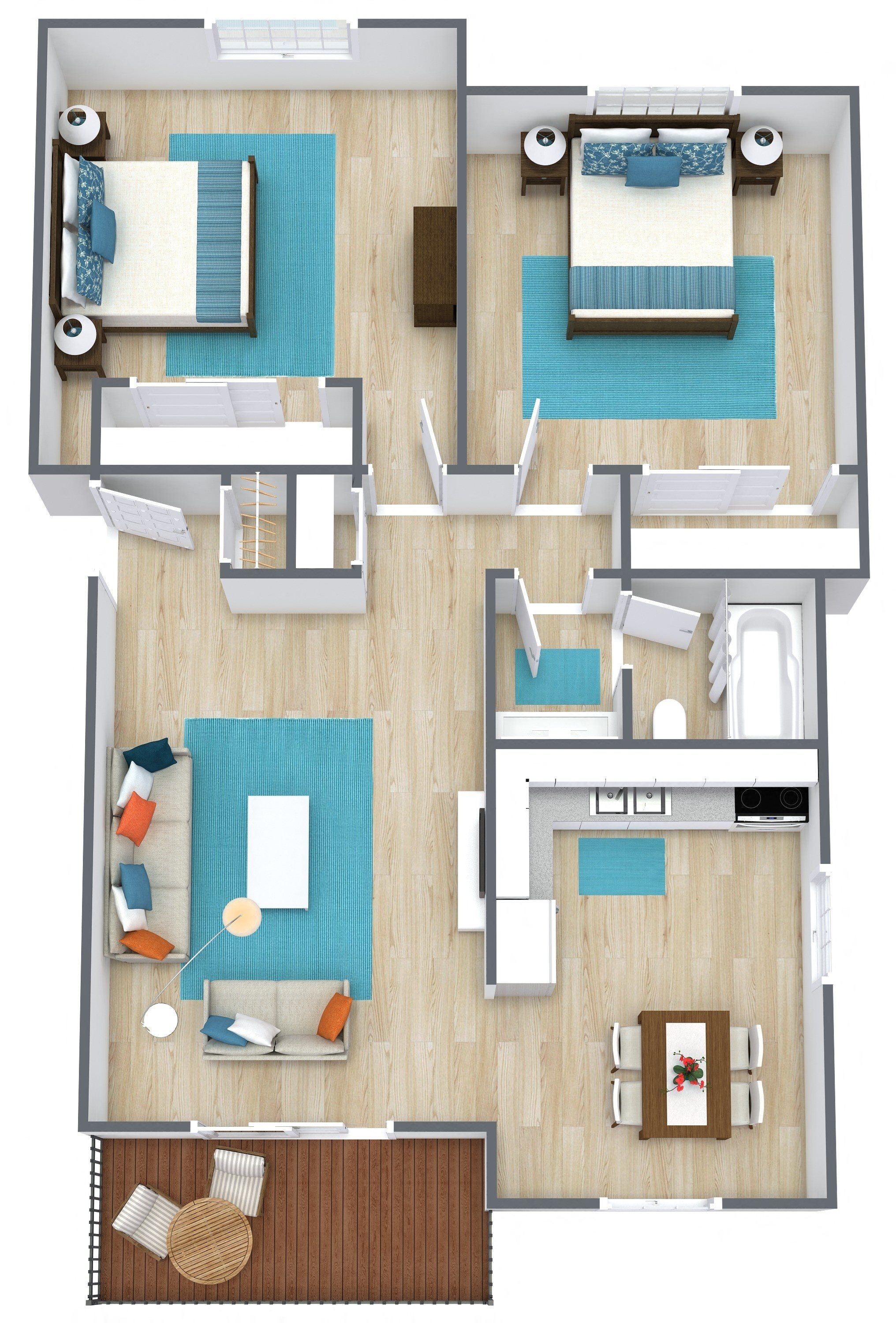 3d rendering of a two bedroom floor plan