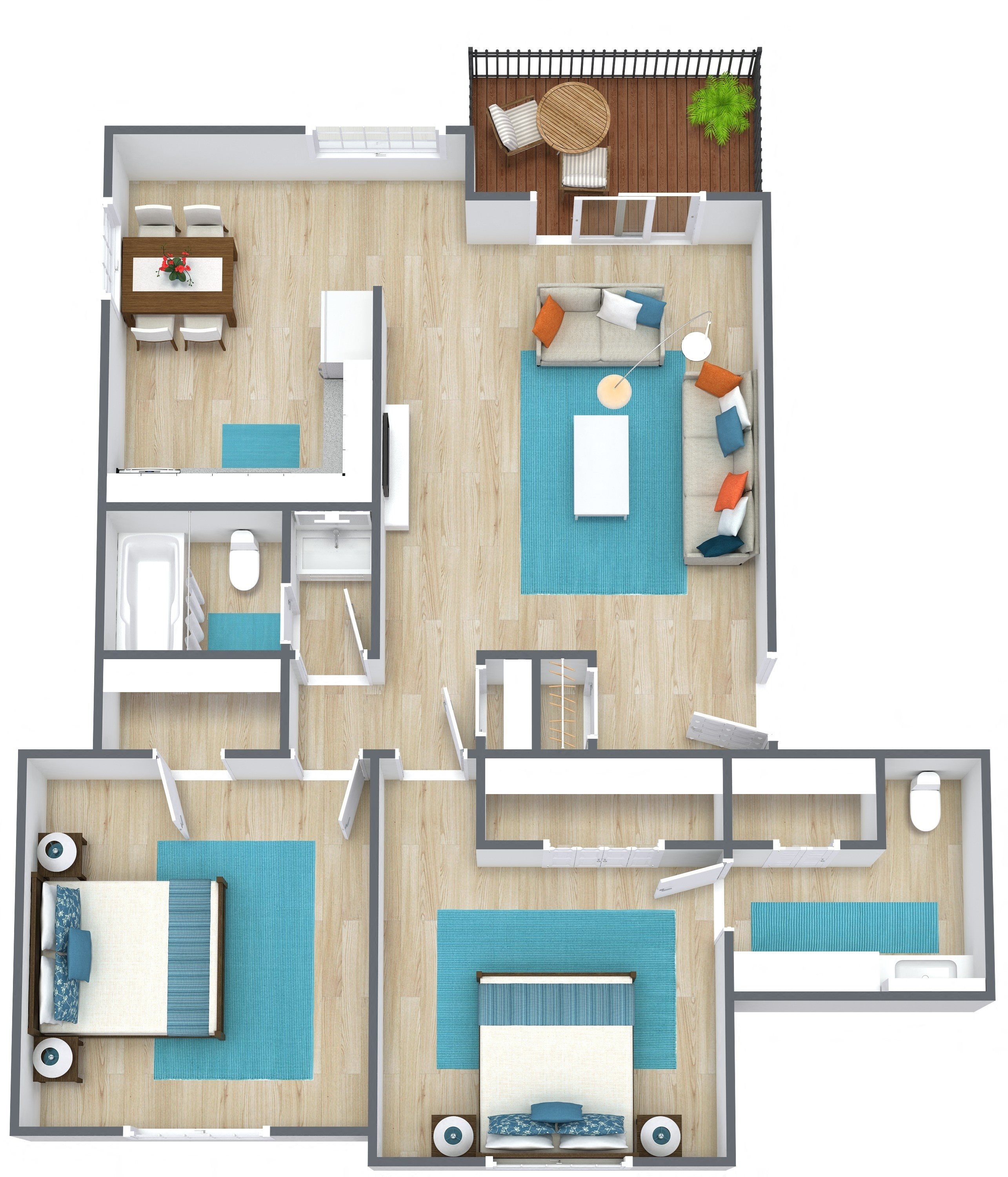 3d rendering of a two bedroom floor plan