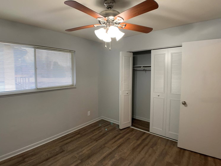 large room with closet and ceiling fan