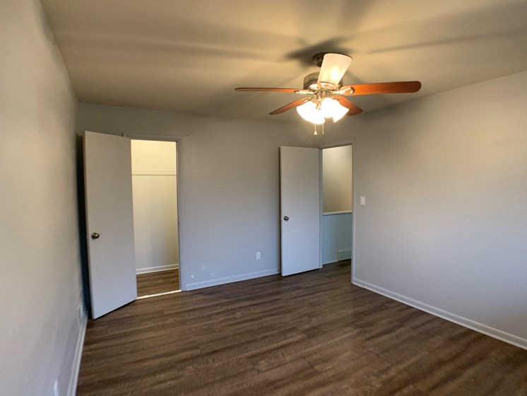 large room with closet and ceiling fan