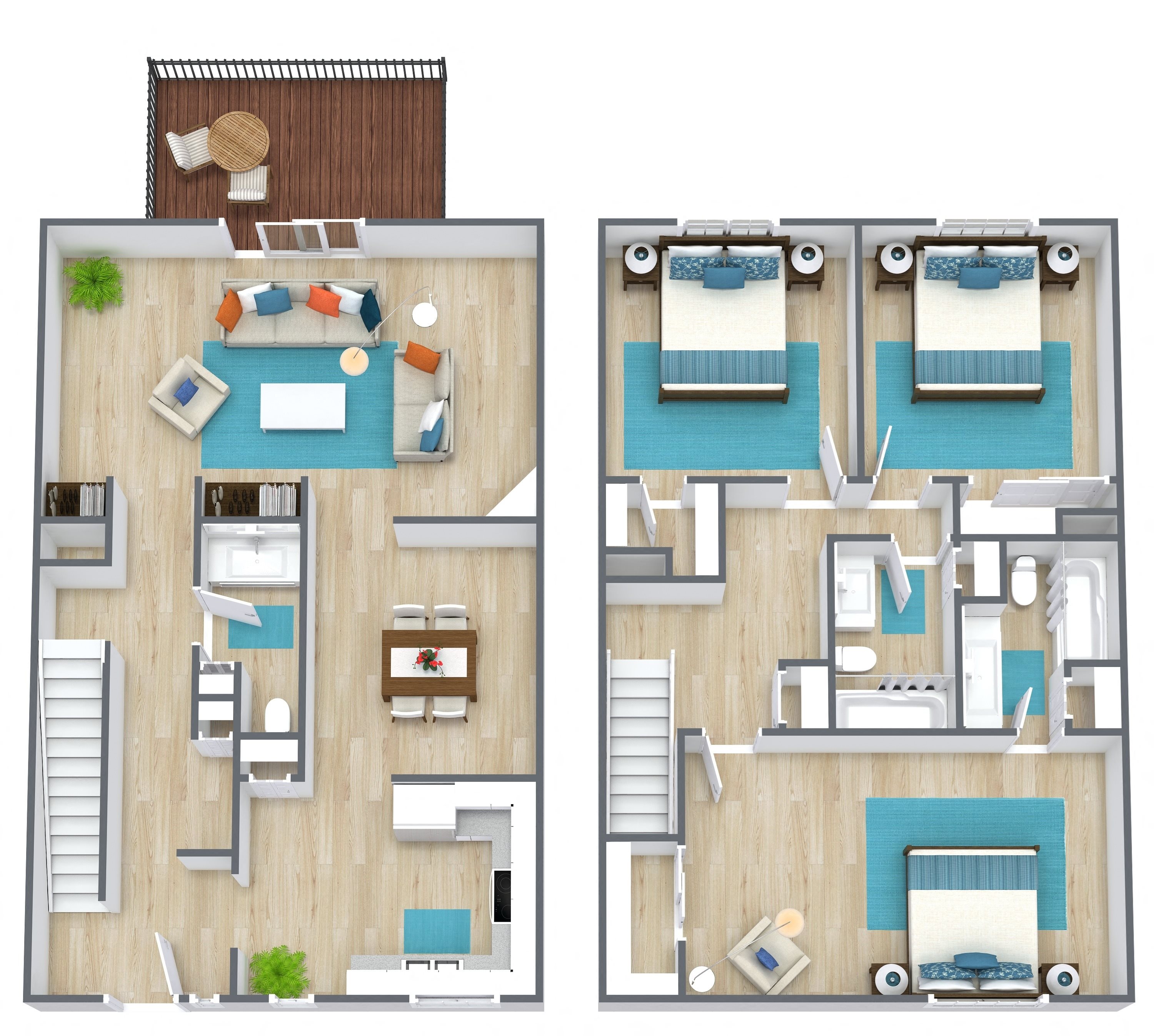 3D floor plan of a three bedroom