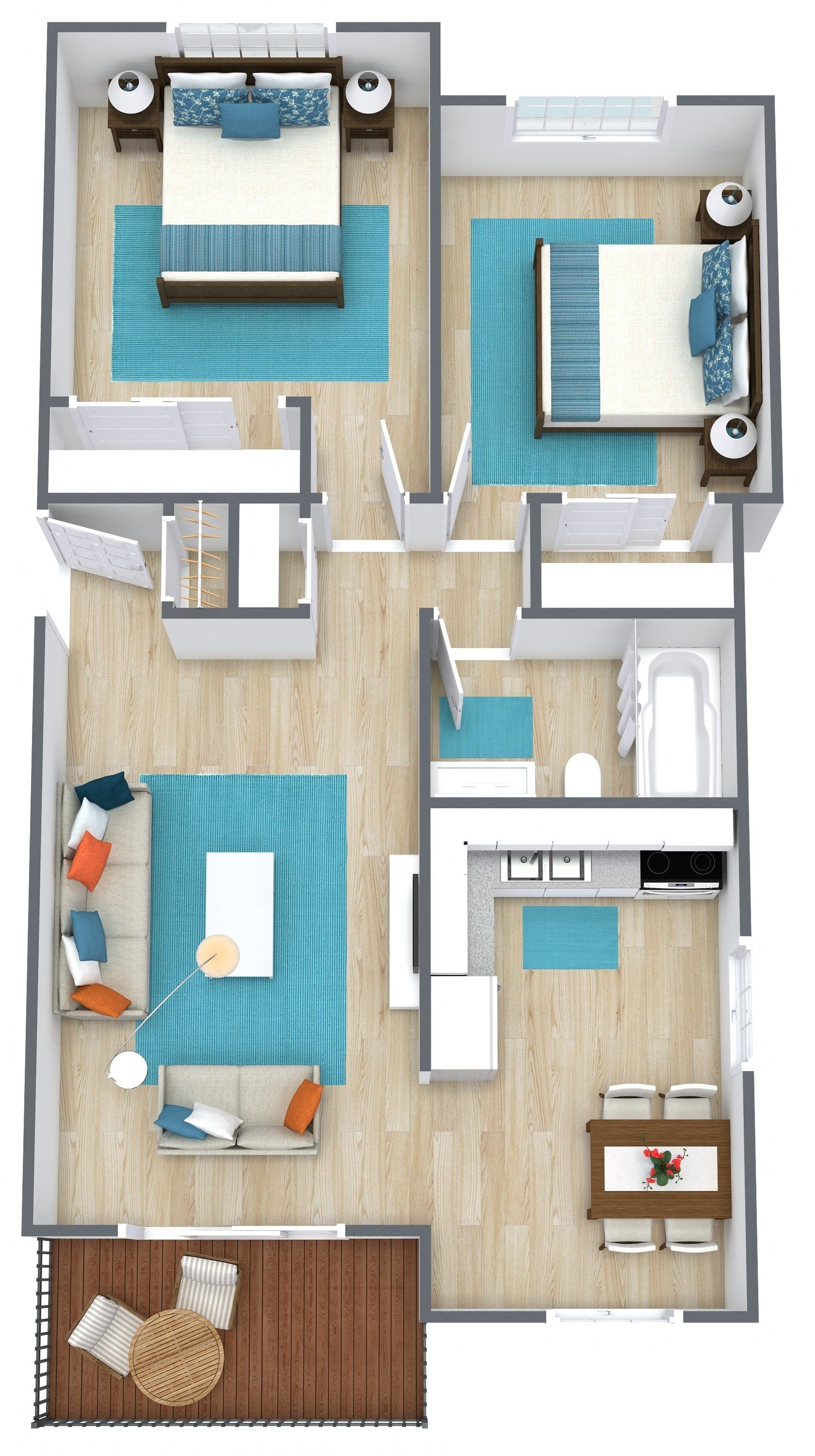 3d rendering of a two bedroom floor plan