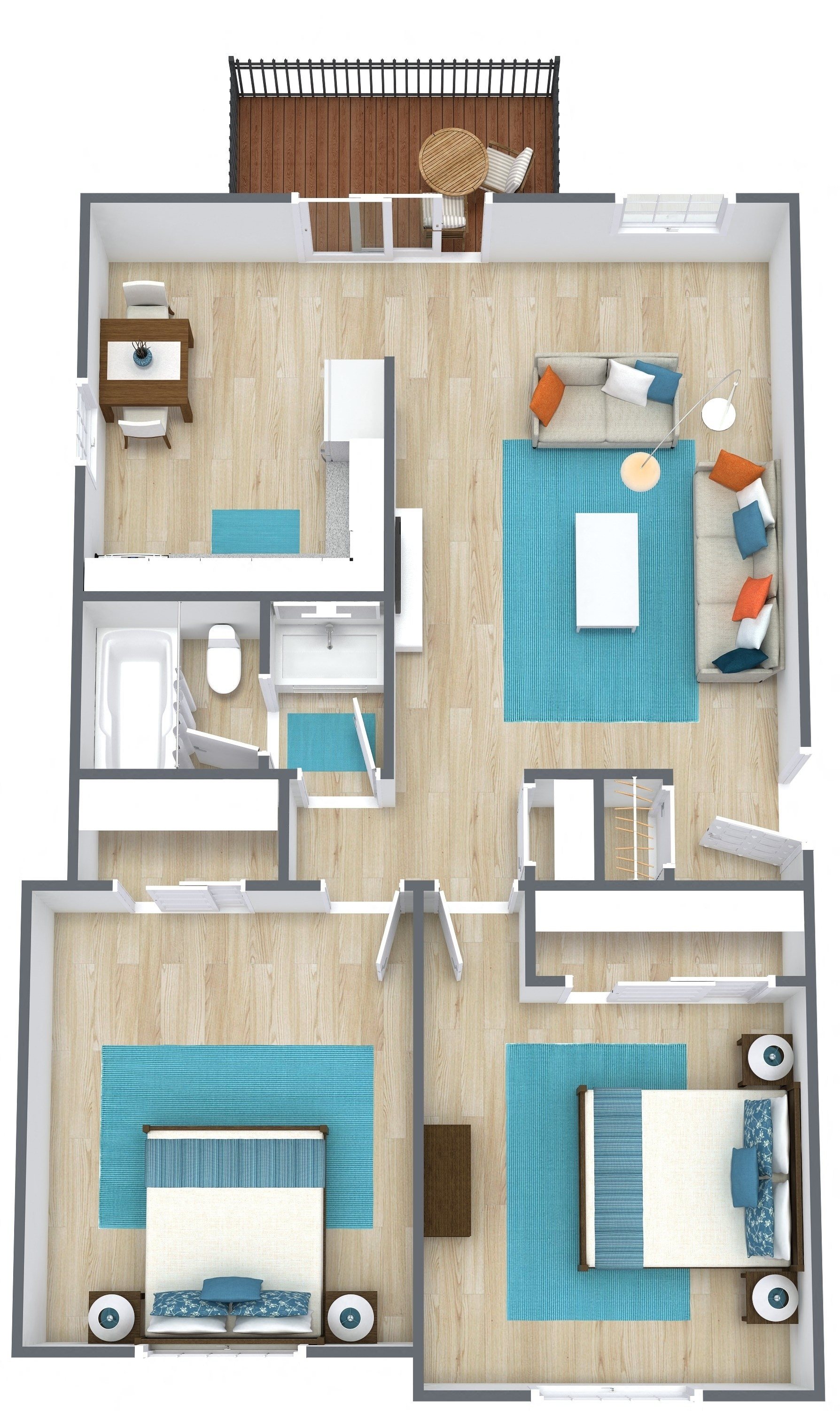 3d image of 2 bedroom floor plan