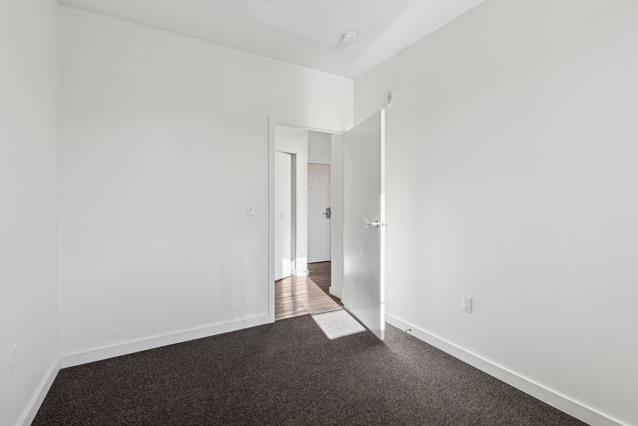 A hallway with a carpeted floor and white walls.