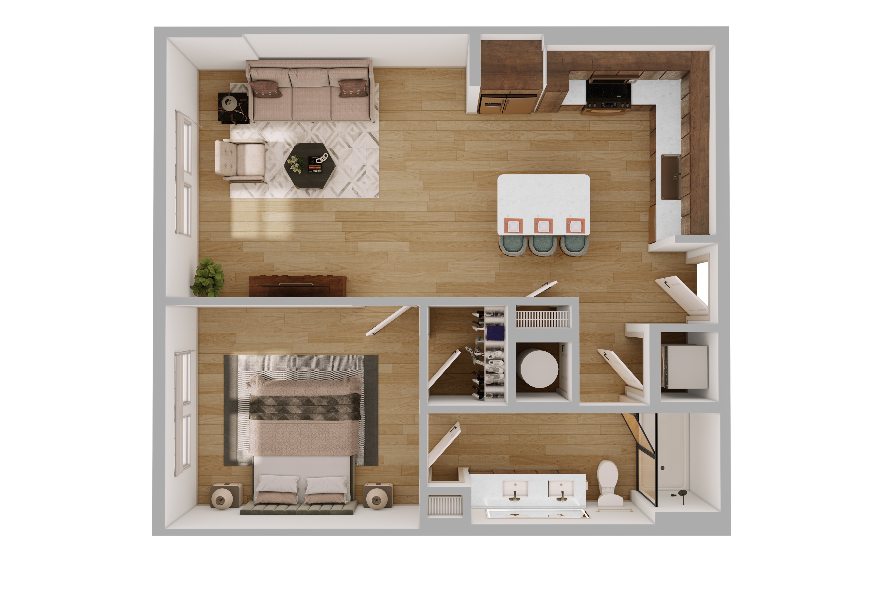 A2 Floor Plan in Scheme 1: Wooden Cabinets and Darker Flooring | 750 Square Feet,2D A2 1 Bedroom Floor Plan Image | 750 Square Feet