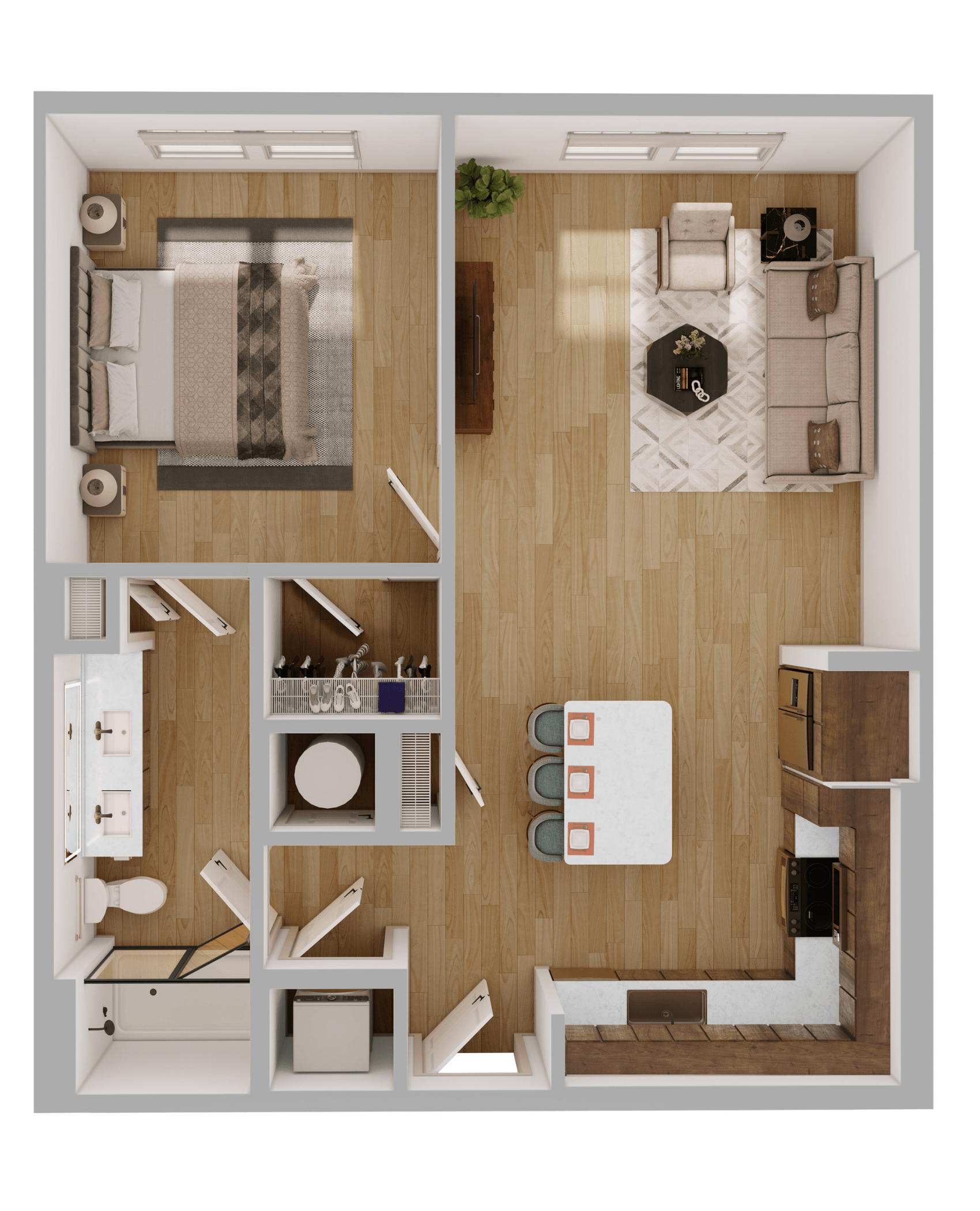 A2 Floor Plan in Scheme 1: Wooden Cabinets and Darker Flooring | 750 Square Feet,2D A2 1 Bedroom Floor Plan Image | 750 Square Feet