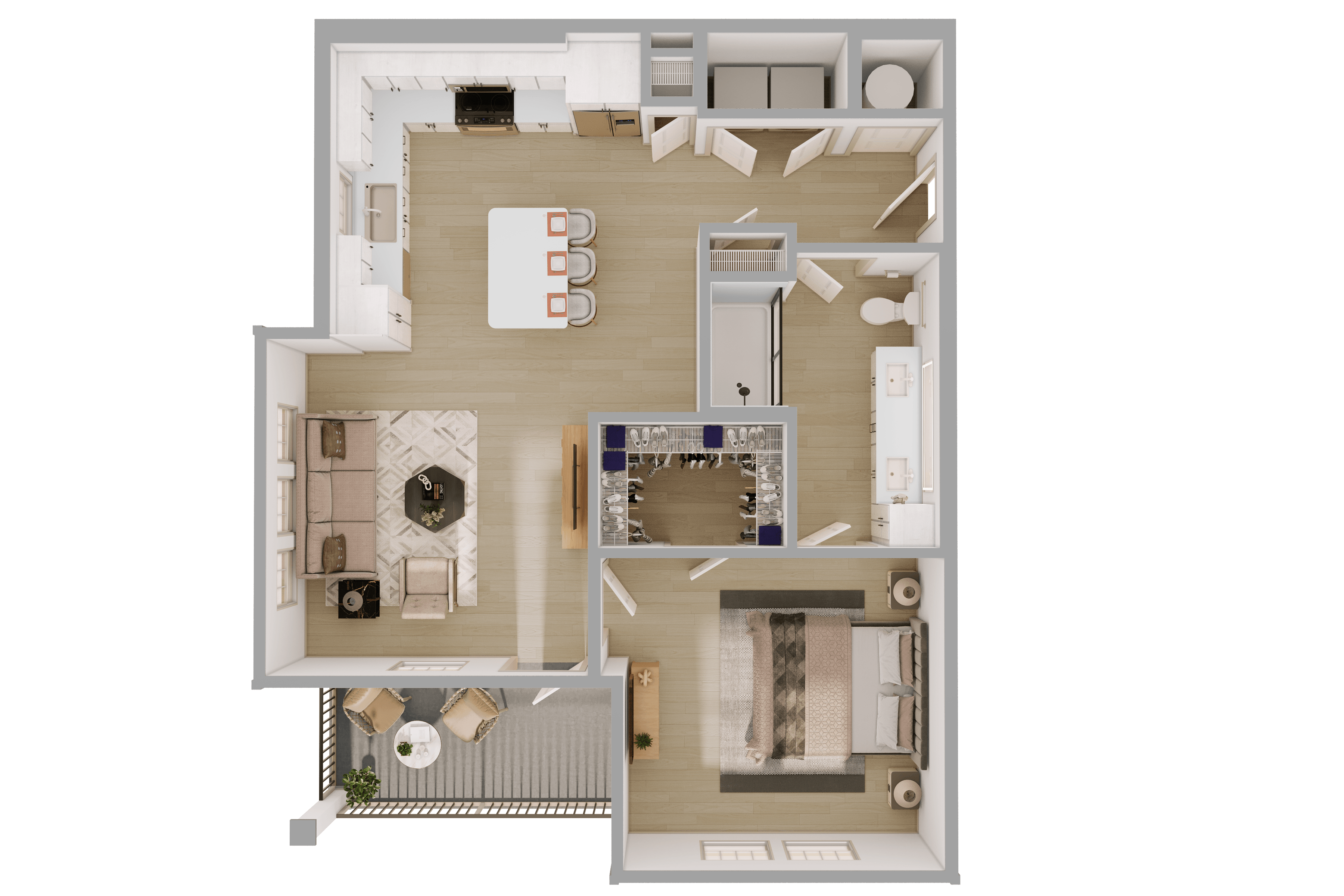 A3 Floor Plan in Scheme 2: White Cabinets and Lighter Flooring | 795 Square Feet,2D A3 1 Bedroom Floor Plan Image with Balcony | 795 Square Feet