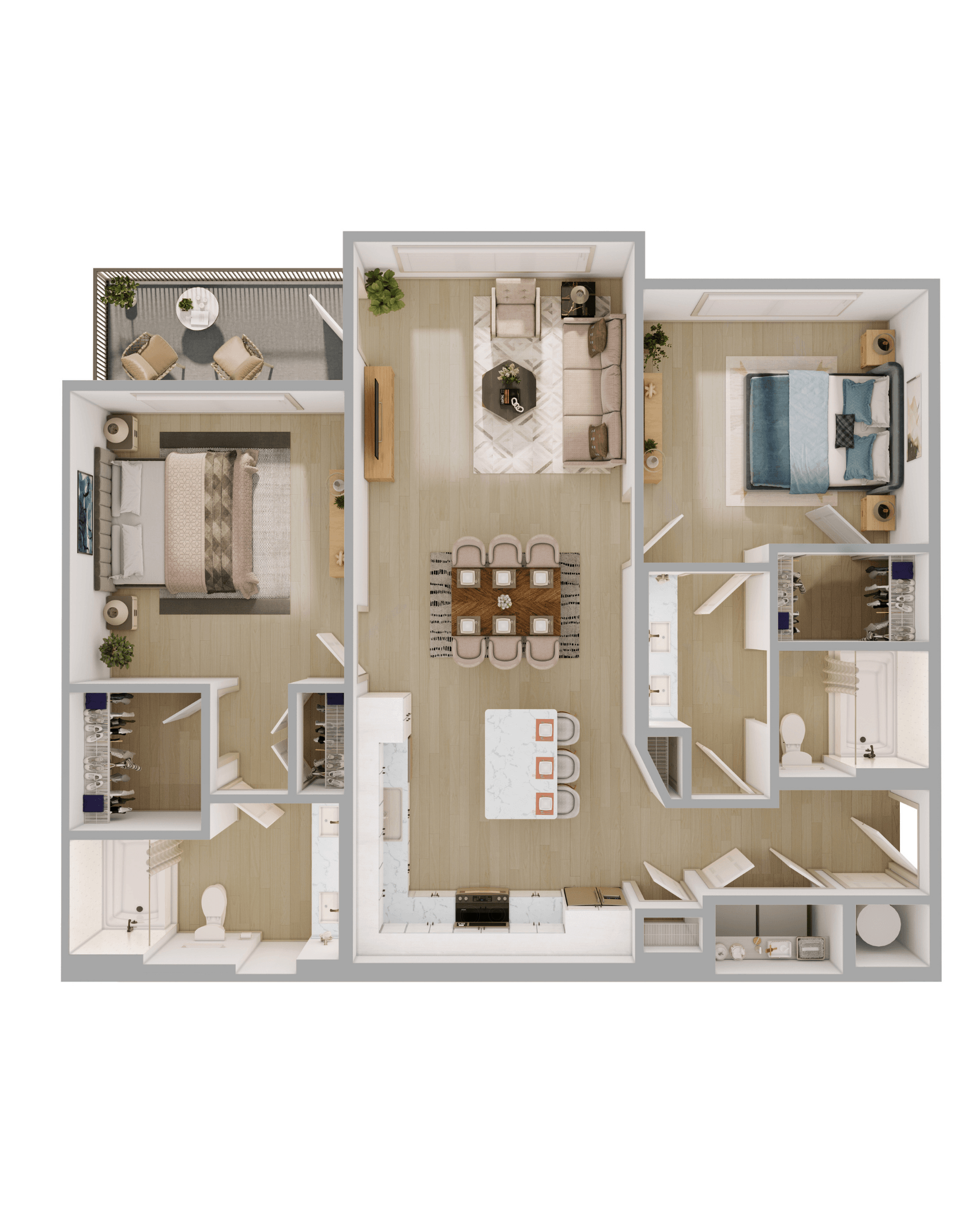 B1 2 Bedroom Floor Plan in Scheme 2: White Cabinets and Lighter Flooring |  1141 Square Feet,2D B1 2 Bedroom Floor Plan with Balcony |  1141 Square Feet