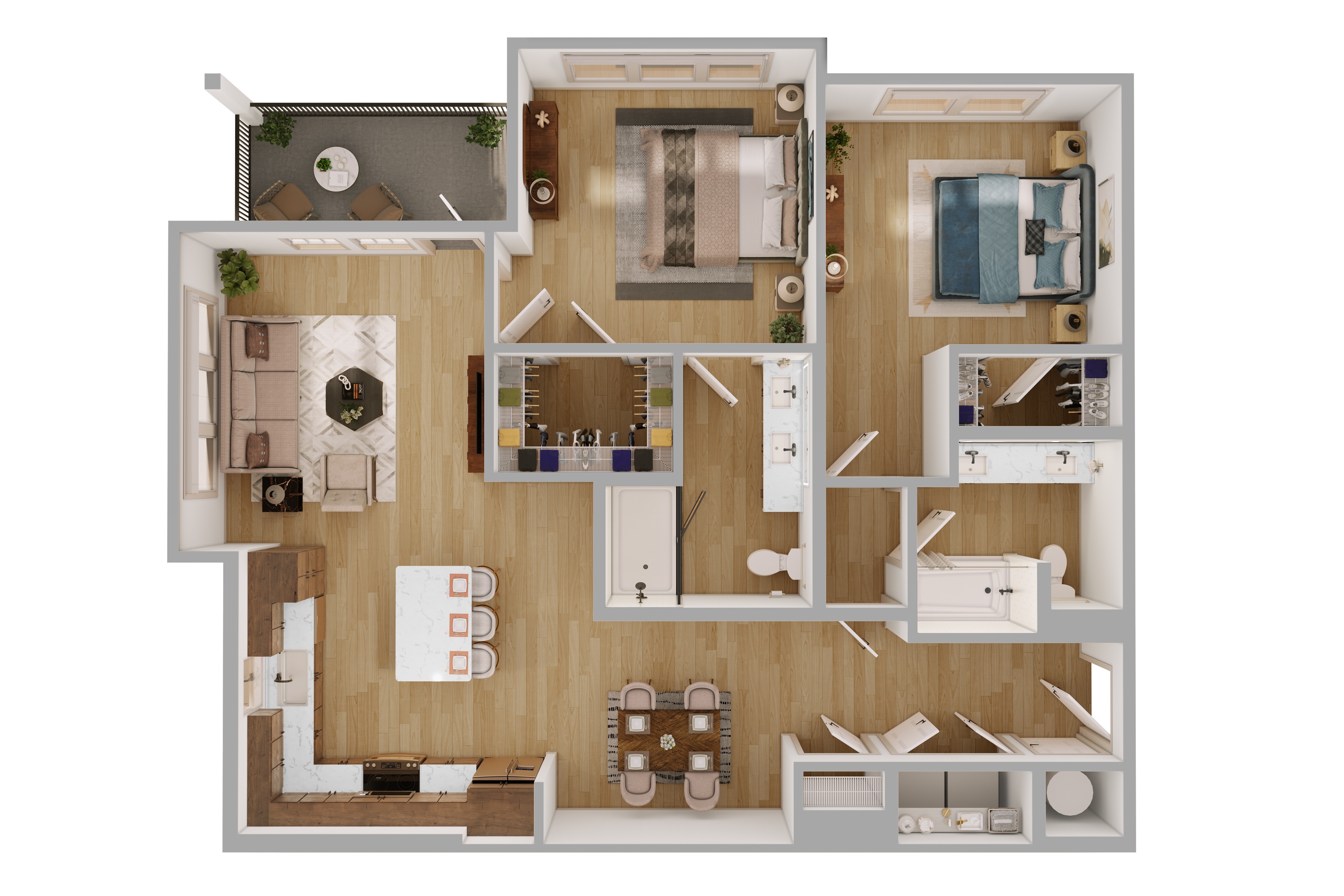 B2 2 Bedroom Floor Plan in Scheme 1: Wood Cabinets and Darker Flooring |  1199 Square Feet,2D B2 2 Bedroom Floor Plan with Balcony |  1199 Square Feet