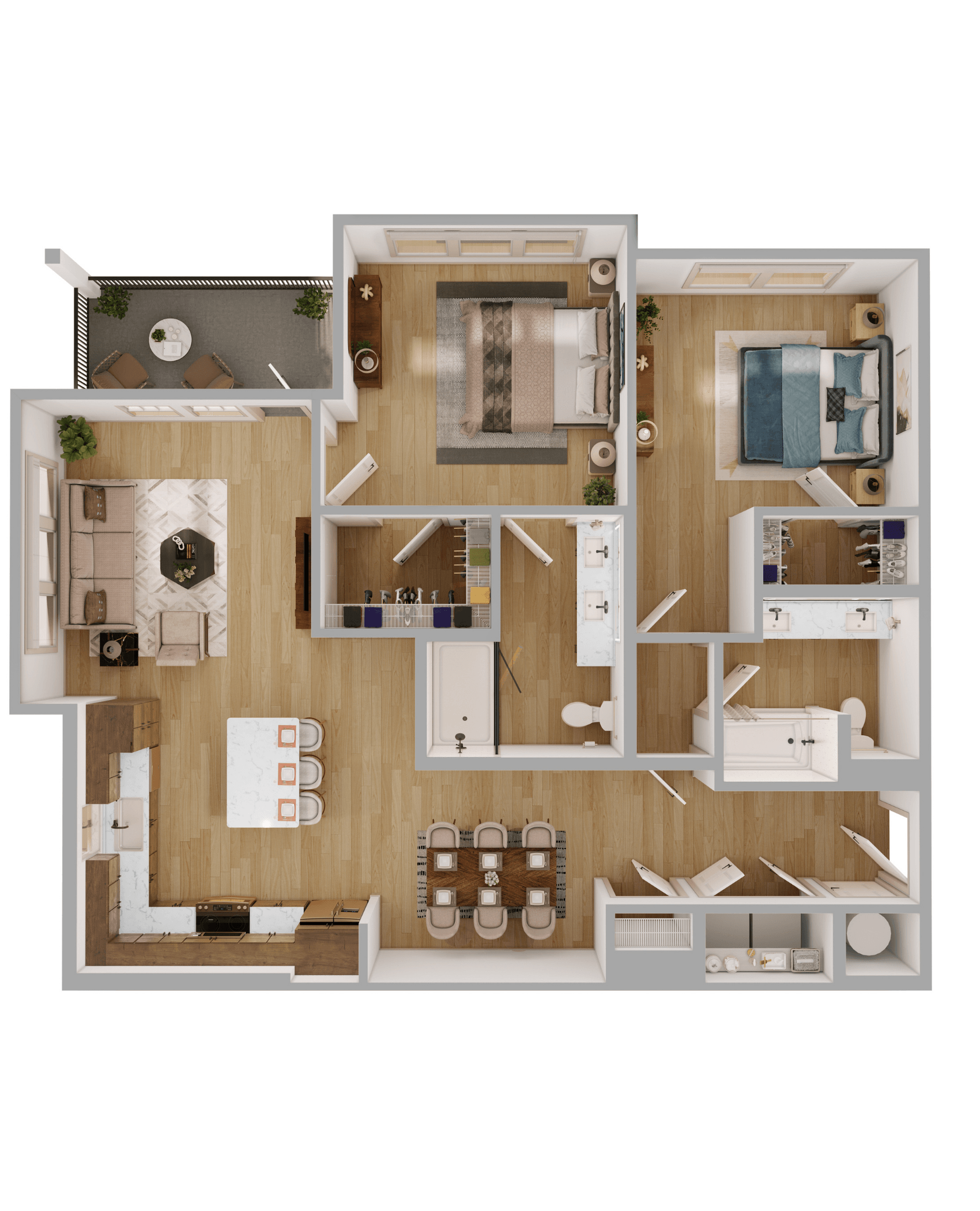 B2 2 Bedroom Floor Plan in Scheme 1: Wood Cabinets and Darker Flooring |  1199 Square Feet,2D B2 2 Bedroom Floor Plan with Balcony |  1199 Square Feet
