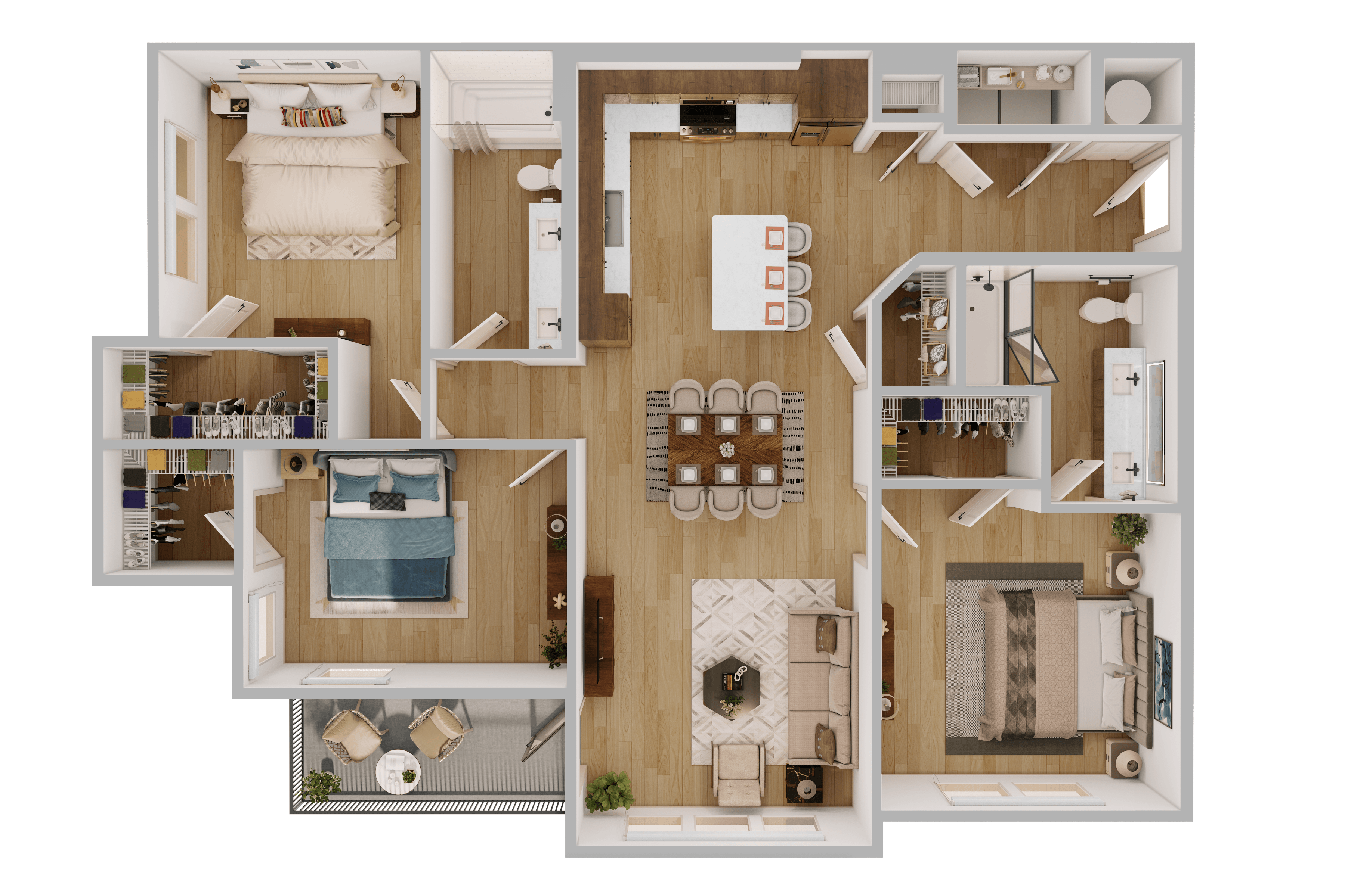 C1 3 Bedroom Floor Plan Shown in Scheme 1: Wood Cabinets and Darker Flooring. Balcony Included |  1338 Square Feet,2D C1 3 Bedroom Floor Plan with Balcony Included |  1338 Square Feet