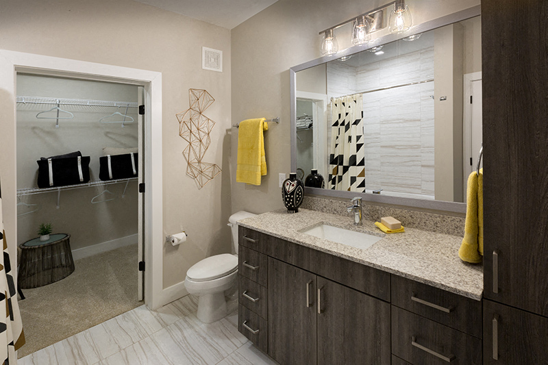 Large bathroom with a sink and mirrored vanity with a large closet.