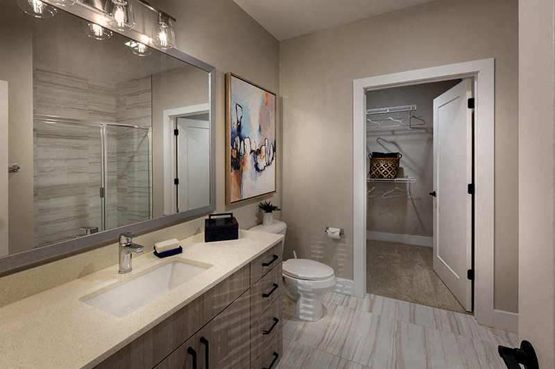 Bathroom with a large vanity, sink and walk in closet.