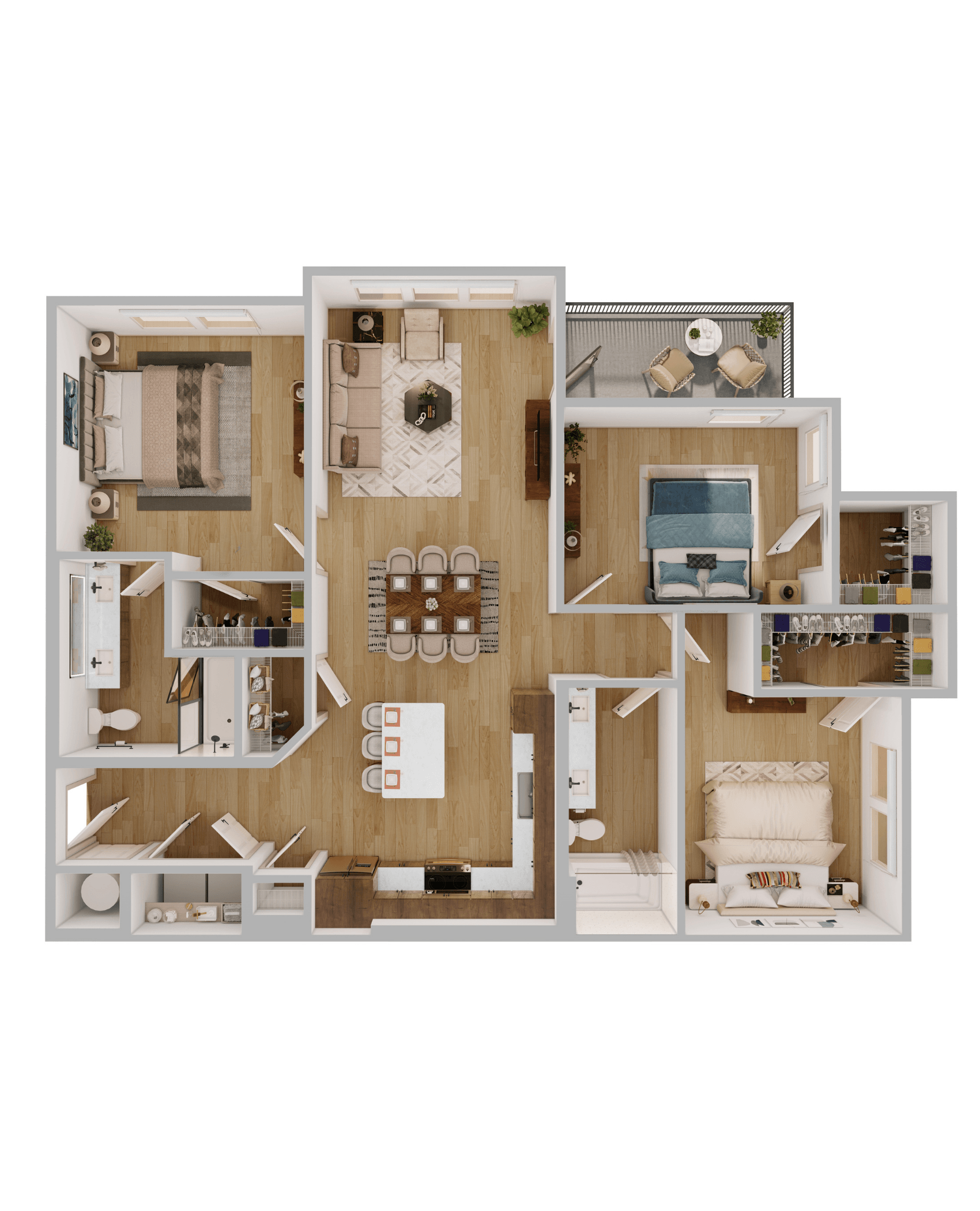 C1 3 Bedroom Floor Plan Shown in Scheme 1: Wood Cabinets and Darker Flooring. Balcony Included |  1338 Square Feet,2D C1 3 Bedroom Floor Plan with Balcony Included |  1338 Square Feet