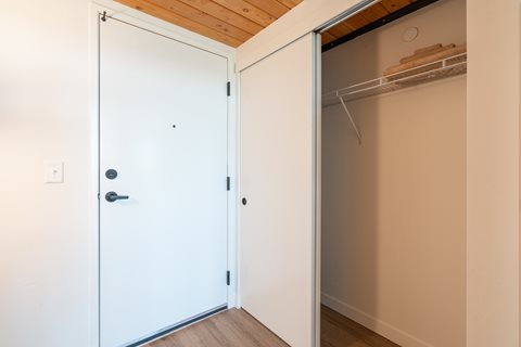 A white door with a black handle is open to a small closet with a shelf.