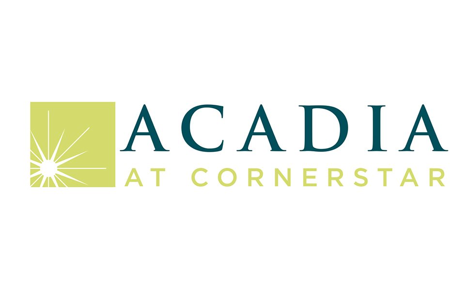 A logo with the text "ACADIA AT CORNERSTAR" in green and blue.
