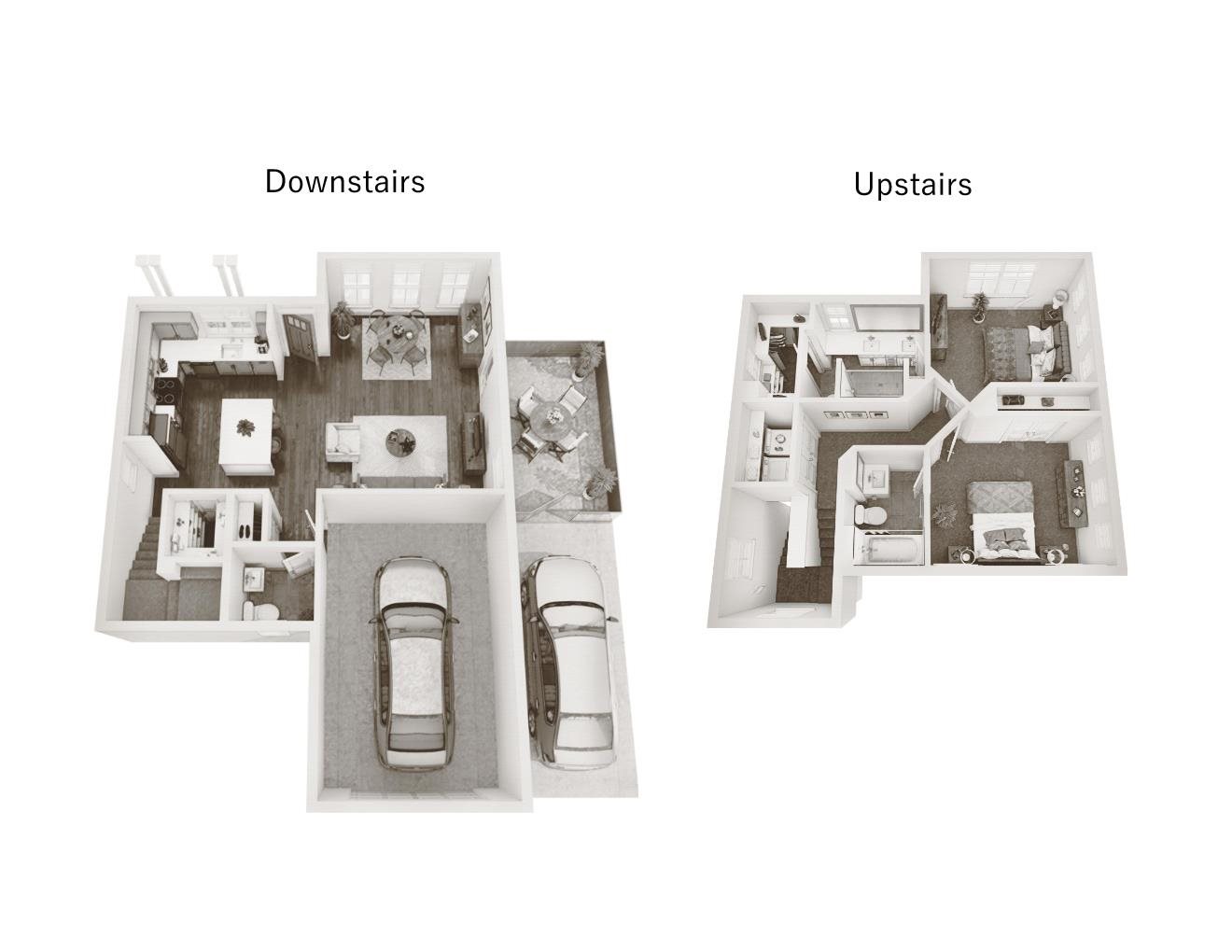 A diagram comparing the layout of a downstairs and upstairs apartment.