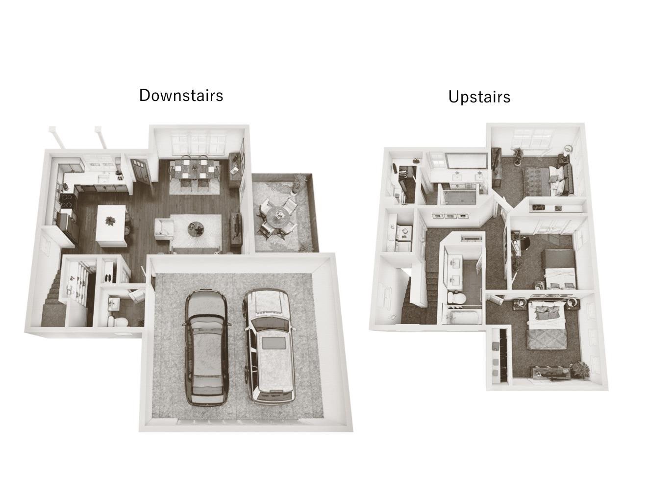 A diagram comparing a downstairs and upstairs floor plan.