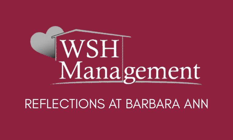 A logo with a heart shape and the text "WSH Management" and "Reflections at Barbara Ann".