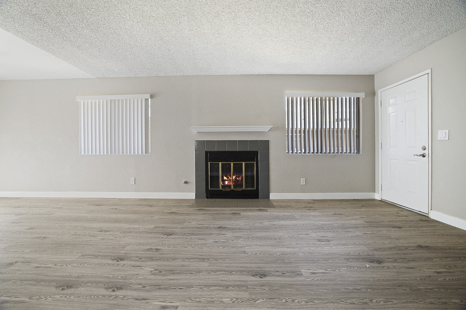 A room with a fireplace and a door.