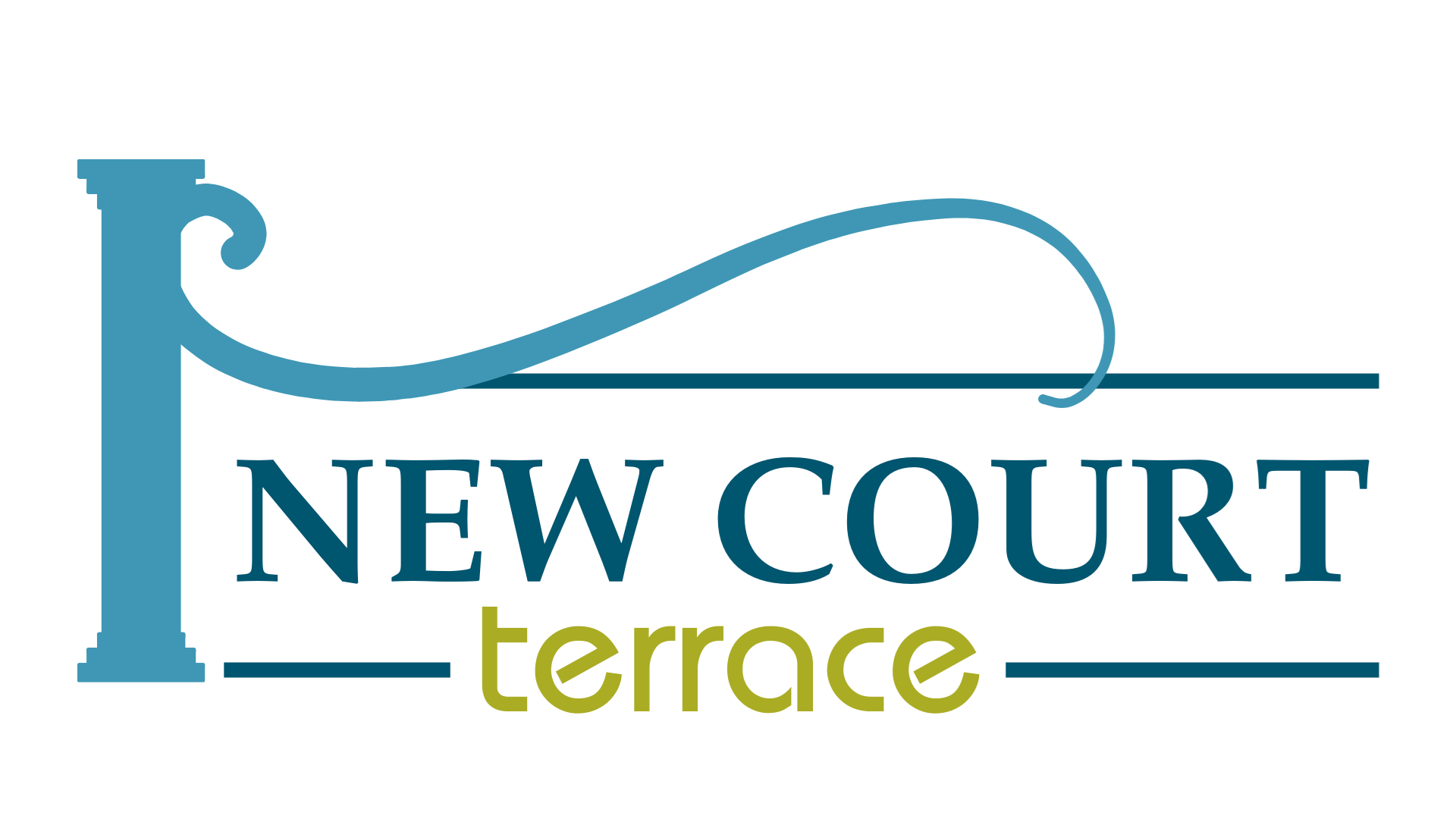 A logo with a fountain and the words "New Court Terrace".