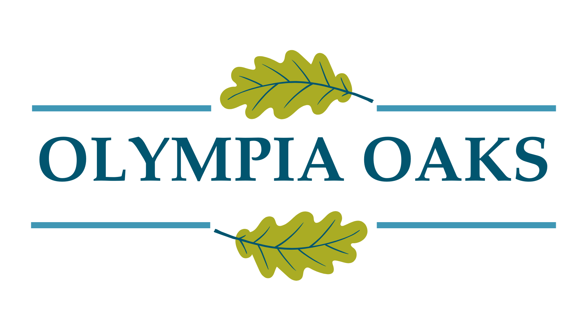 A graphic with the text "Olympia Oaks" and two oak leaves.