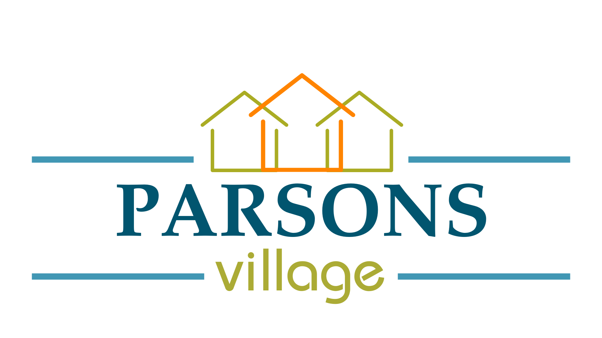 A logo with a house and the words "PARSONS village" in blue and yellow.