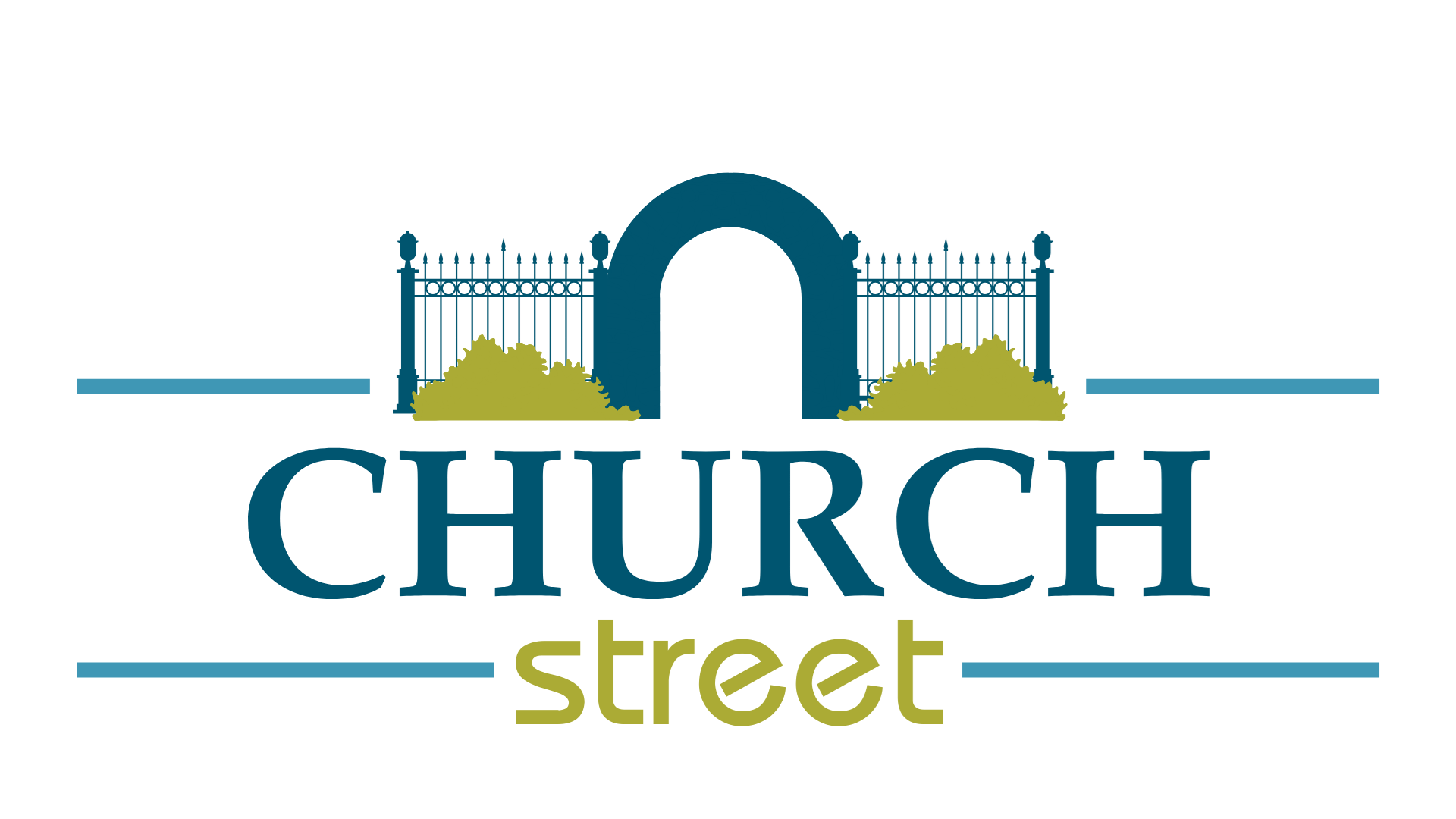 A logo with the words "Church Street" in front of a fence and a yellow pile.