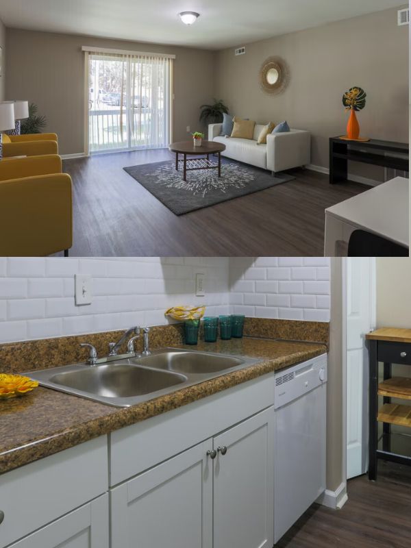 A kitchen with white cabinets and a granite countertop.