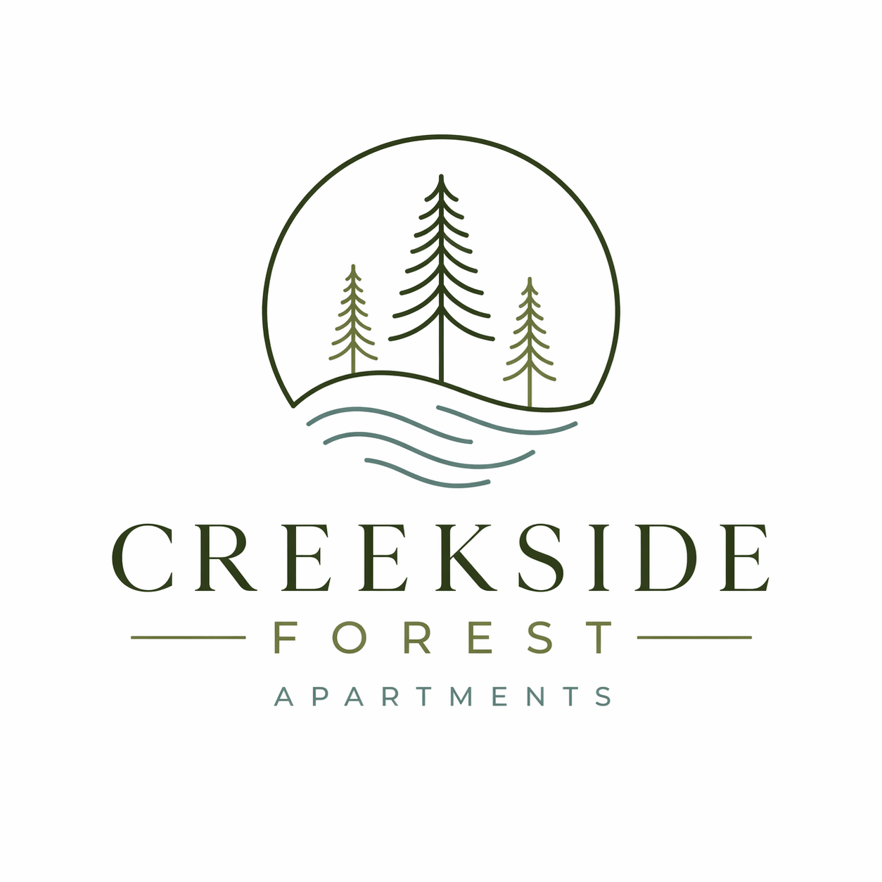 A logo for Creekside Forest Apartments featuring trees and water.