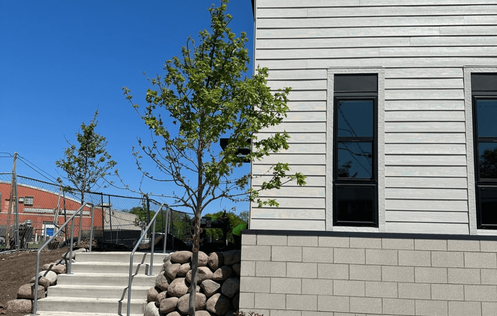 a tree in front of a building
