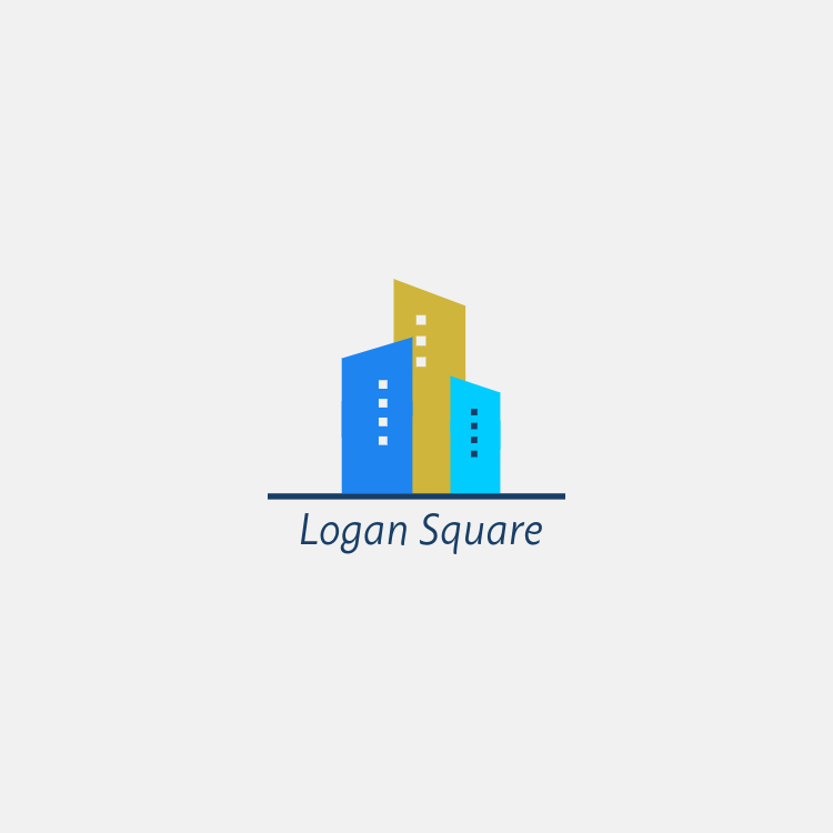 A graphic of buildings with the text "Logan Square" below it.