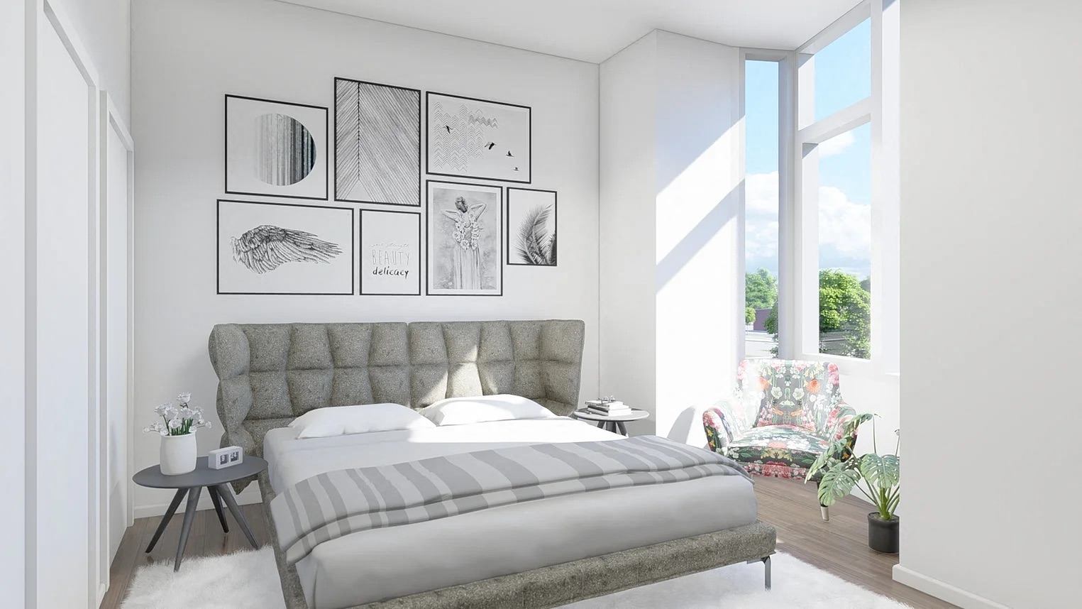 a bedroom with a bed and a chair in front of a window