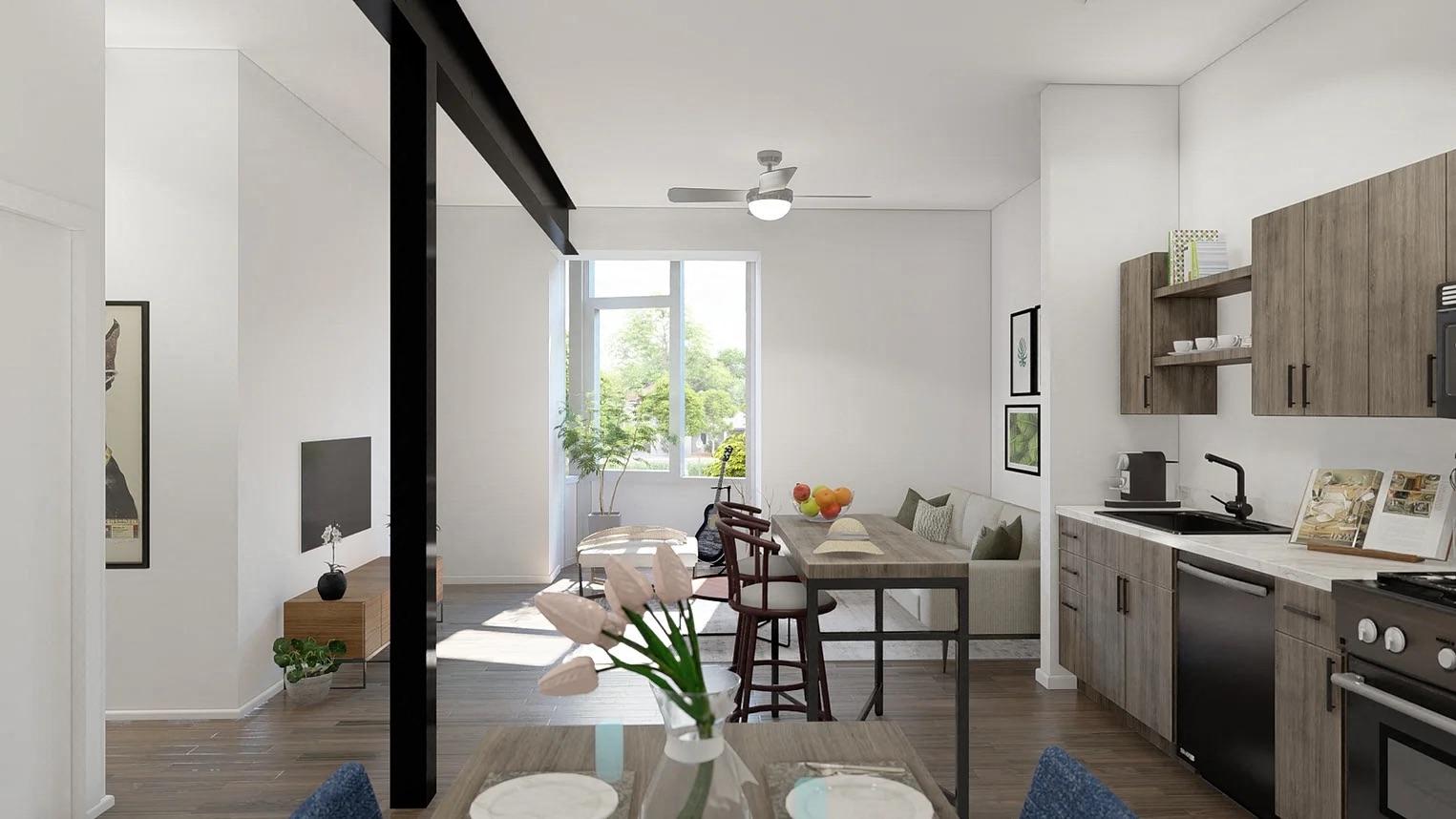 a rendering of a kitchen and living room in an apartment