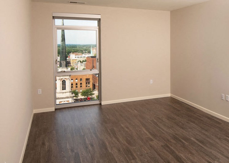 Apartment unit room with views of Downtown Fort Wayne at Skyline Tower Apartments, Fort Wayne, IN
