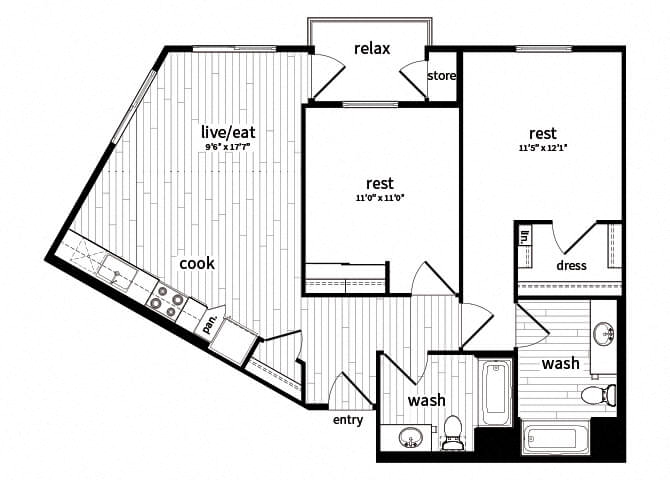 Two bedroom floor plan at GEO Apartment in Fremont CA