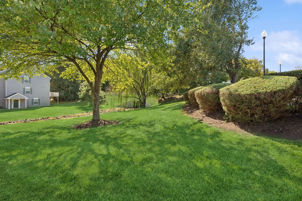 a yard with grass and trees and a house in the background