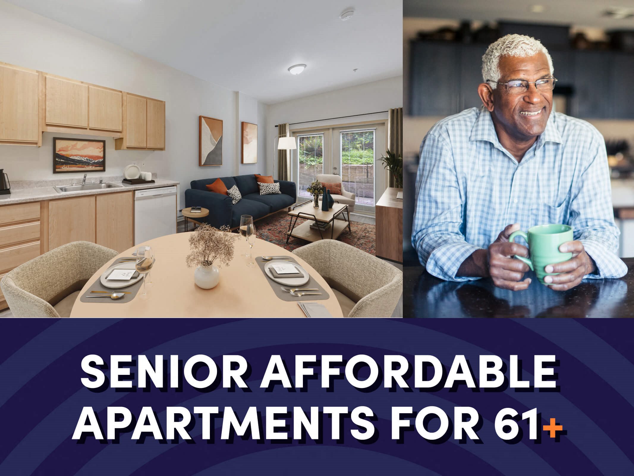Interior of apartment next to picture of person smiling and sitting