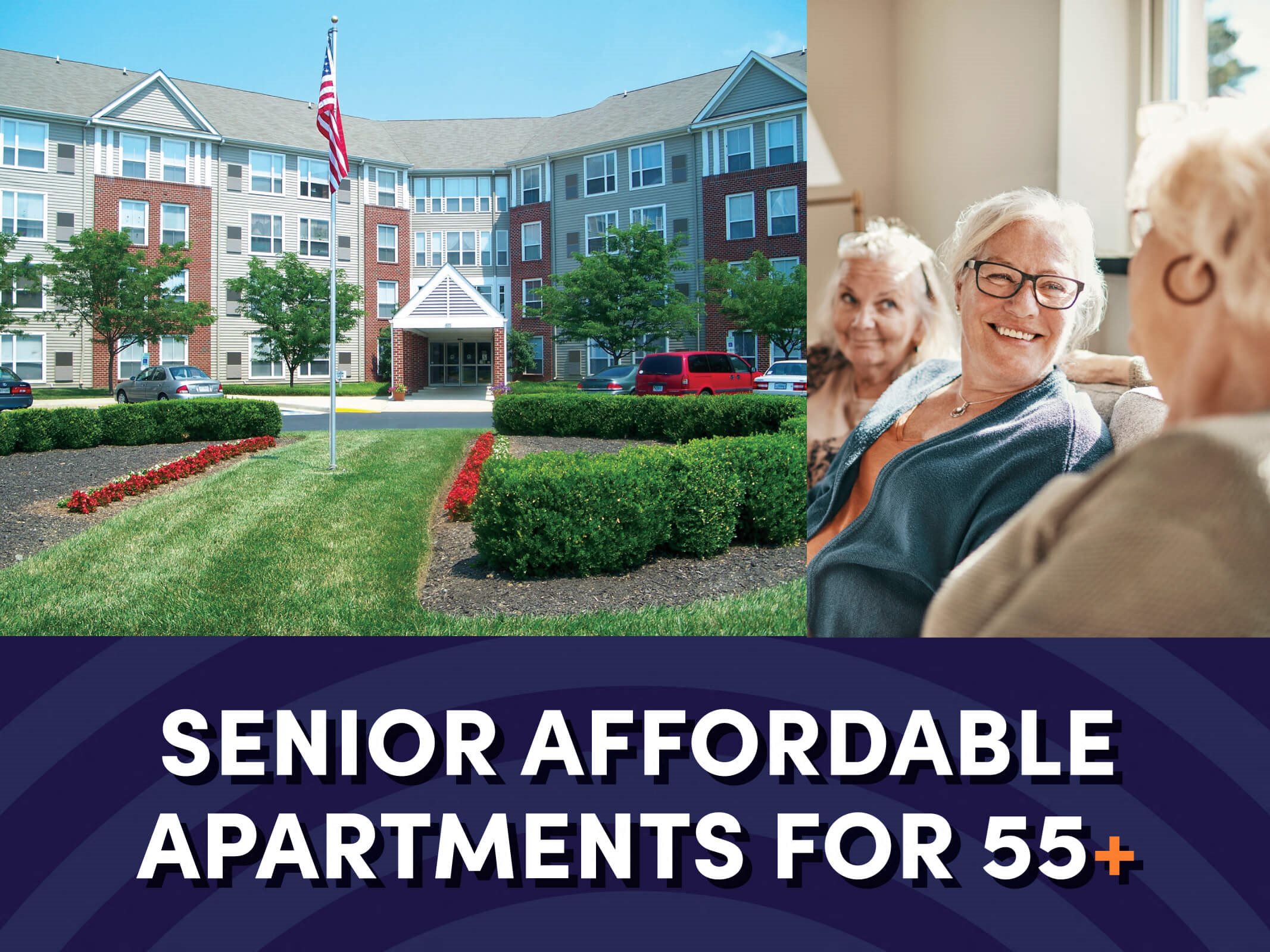 an image of an older couple sitting in front of an apartment building with the text senior affordable