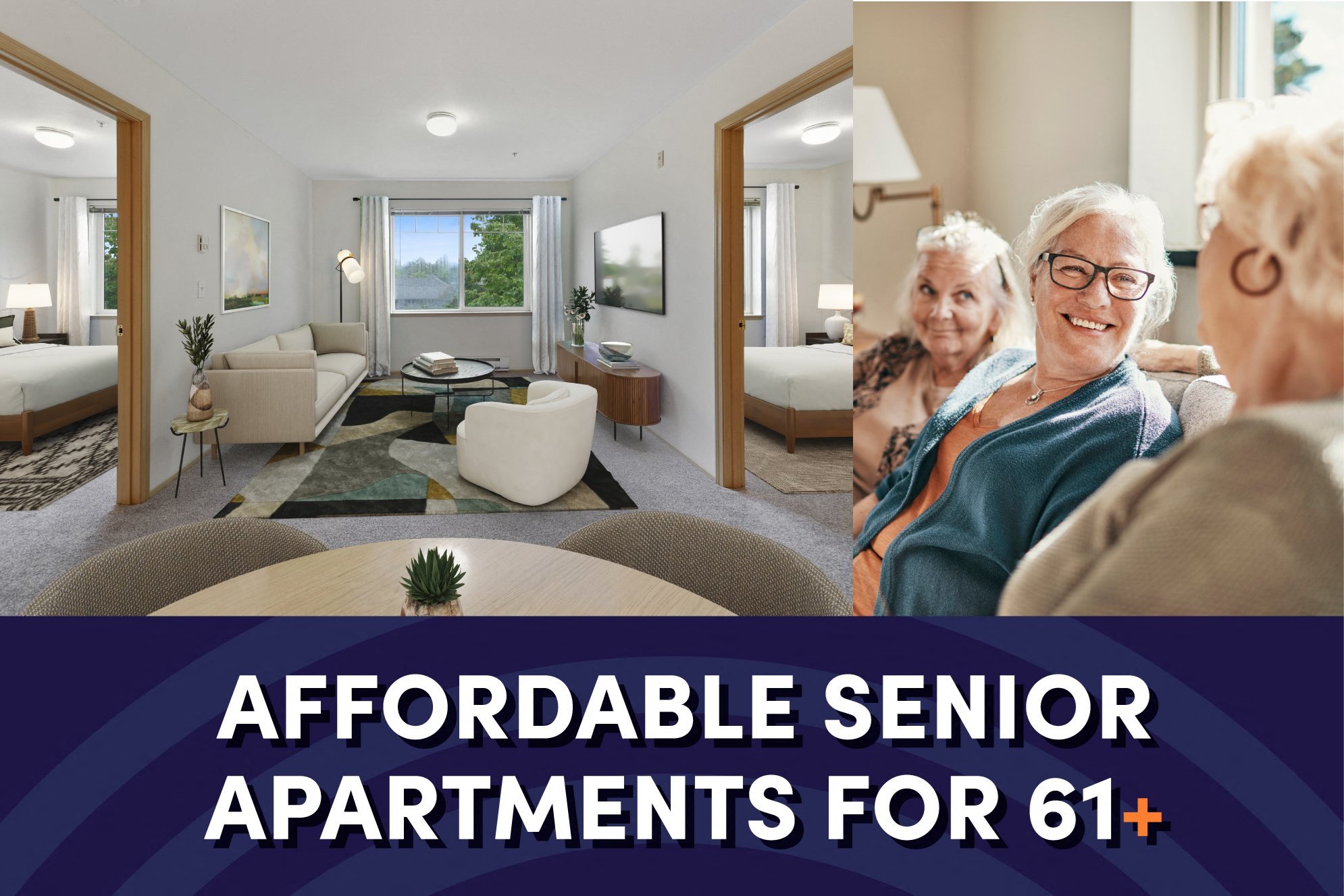 Group of people sitting on couch laughing alongside a picture of a living room at Lakewood Meadows Apartments in Lakewood WA