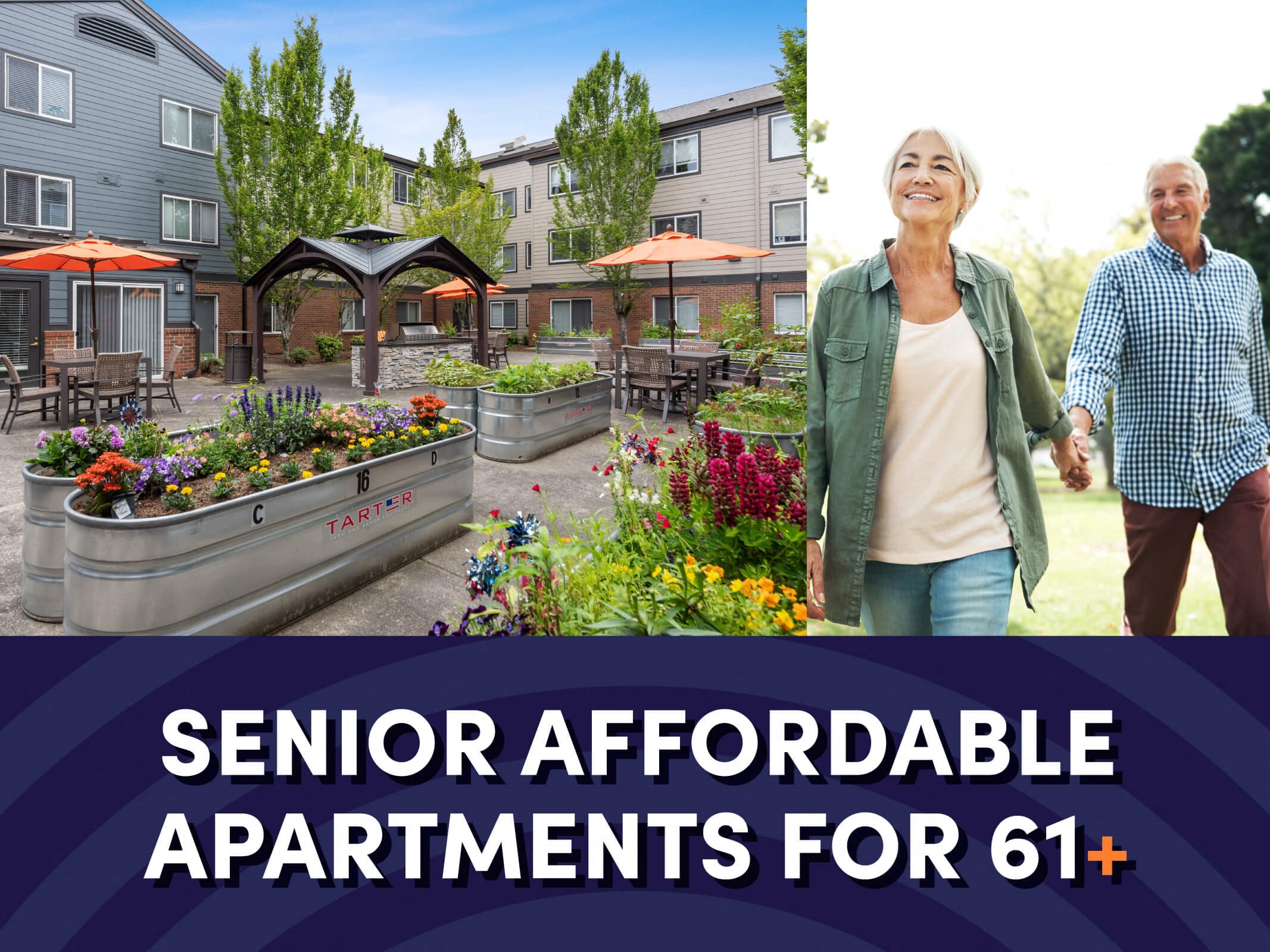 Photo of courtyard with text that reads senior affordable apartments for ages 61 plus