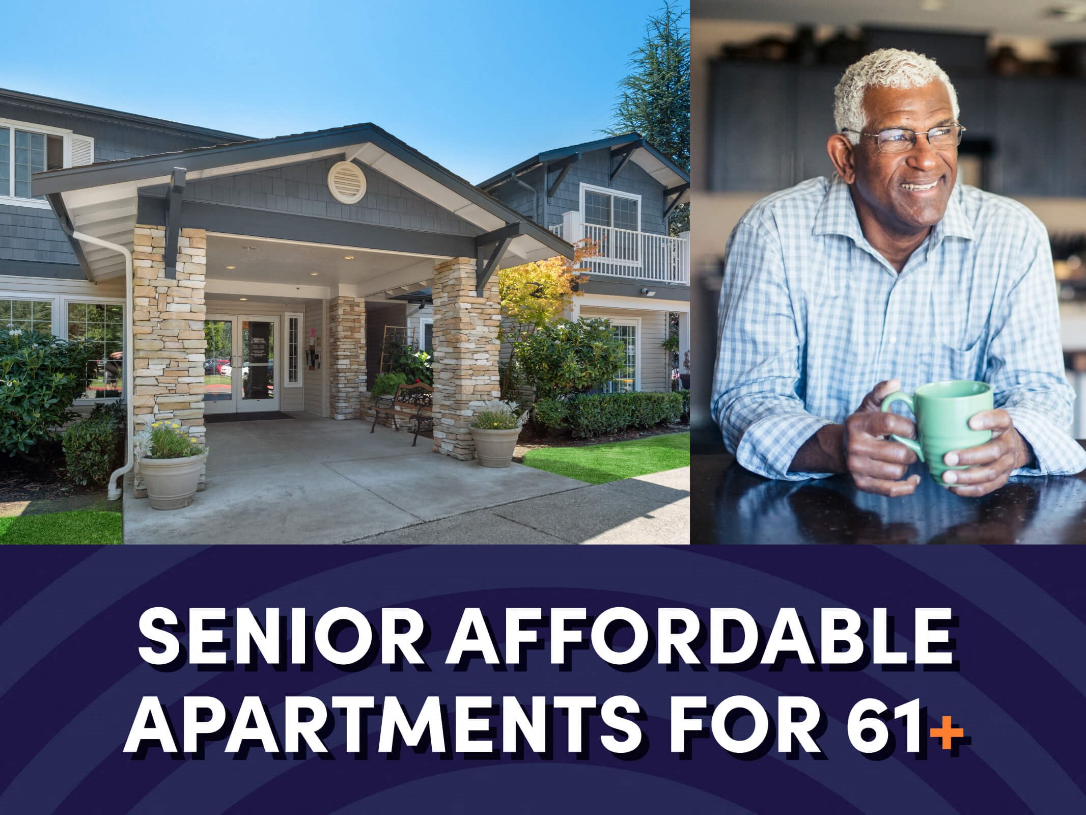 Photo of entrance of leasing office with text that reads senior affordable apartments for ages 61 plus