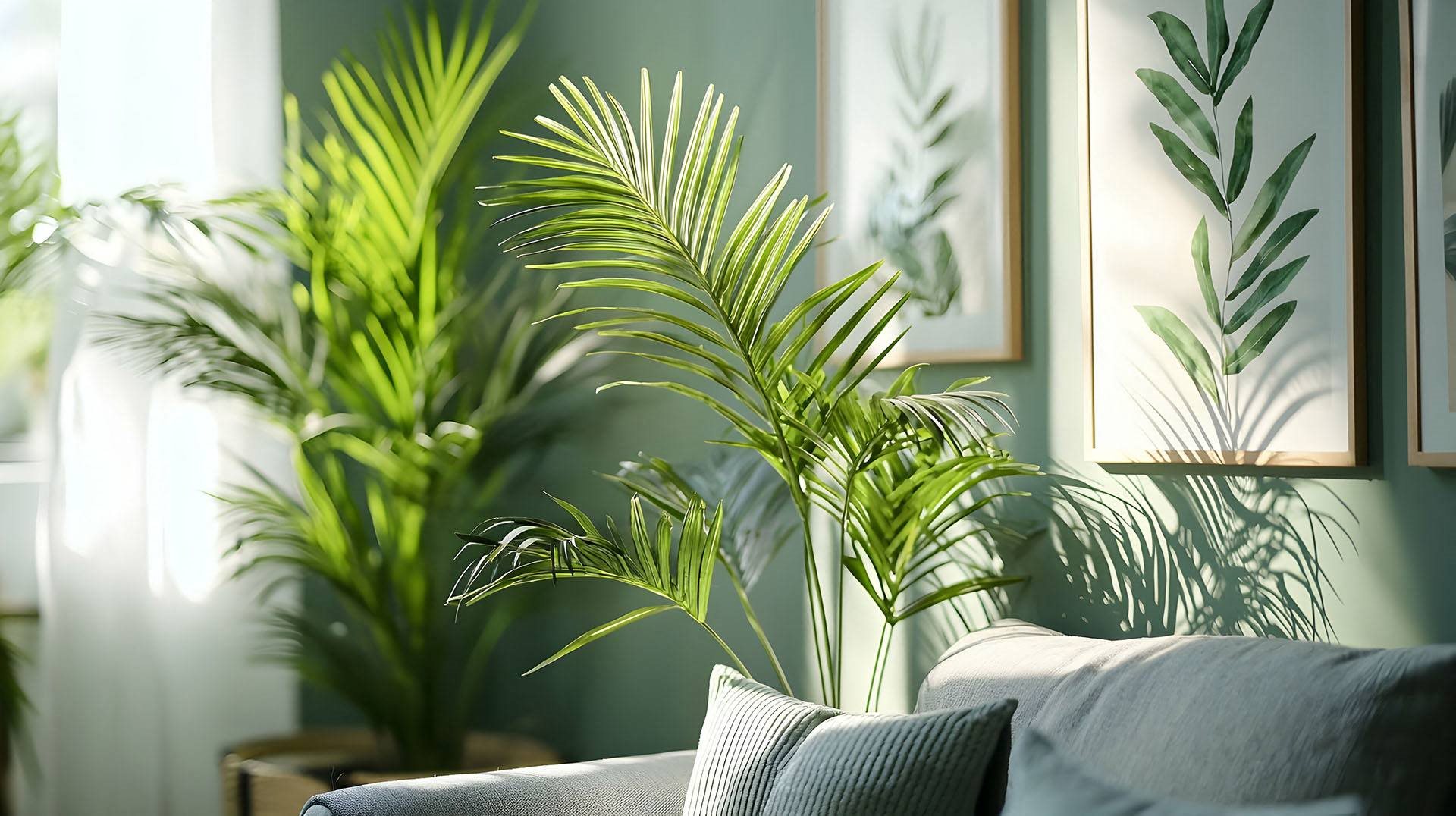 A living room with a couch and a potted plant.