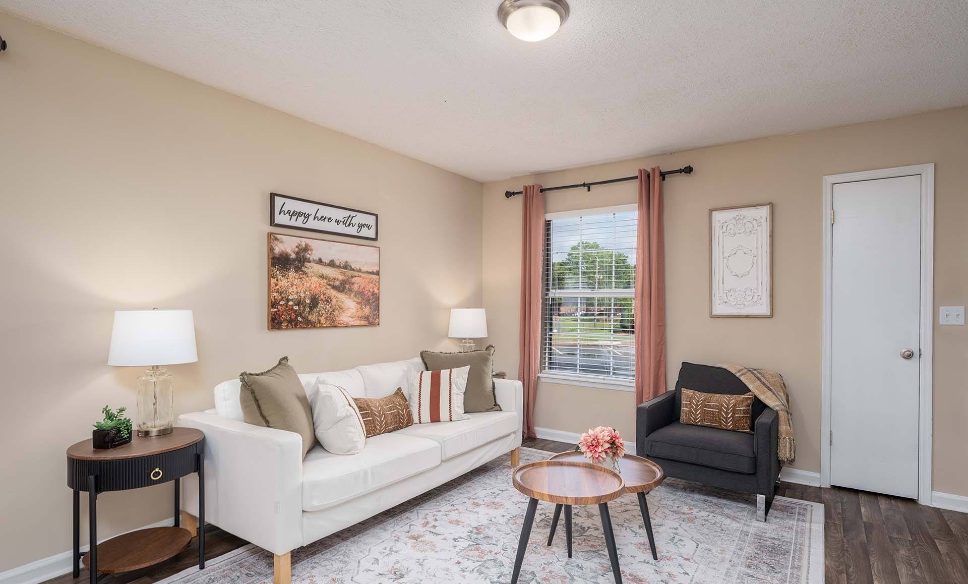 A living room with a white couch, a coffee table, and a framed picture on the wall.
