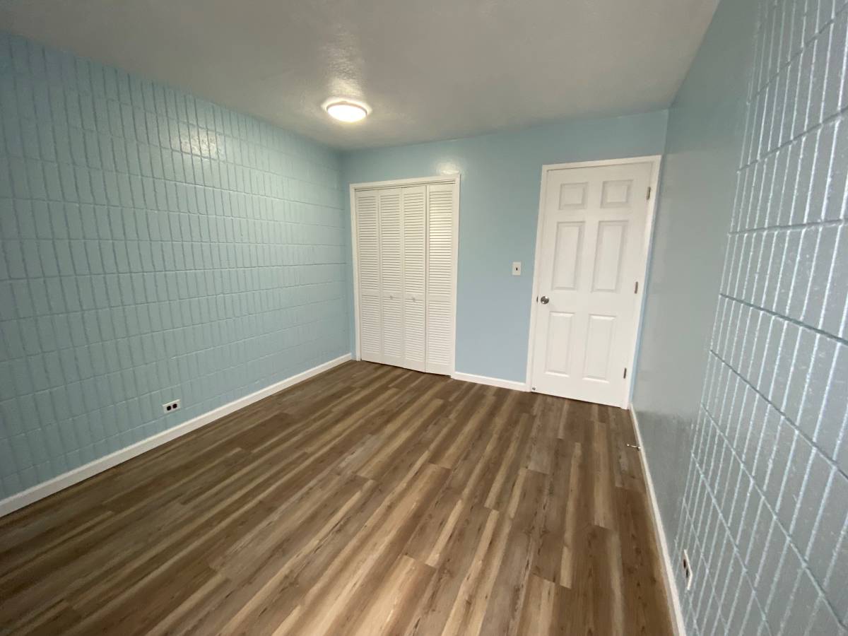 A room with wooden flooring and two white doors.
